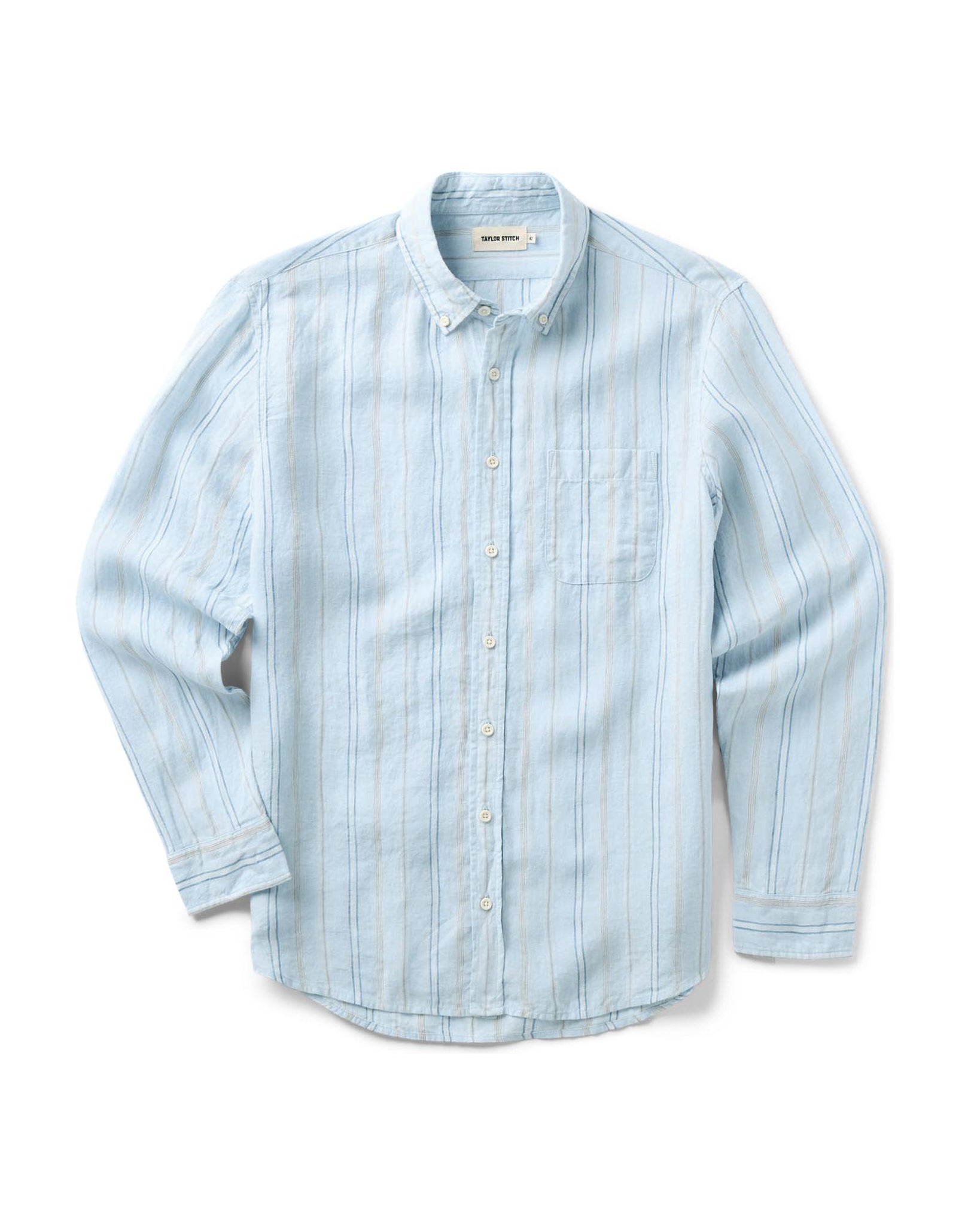 material shot of the collar on The Jack in Blue Sky Stripe Linen, Wovens by Taylor Stitch