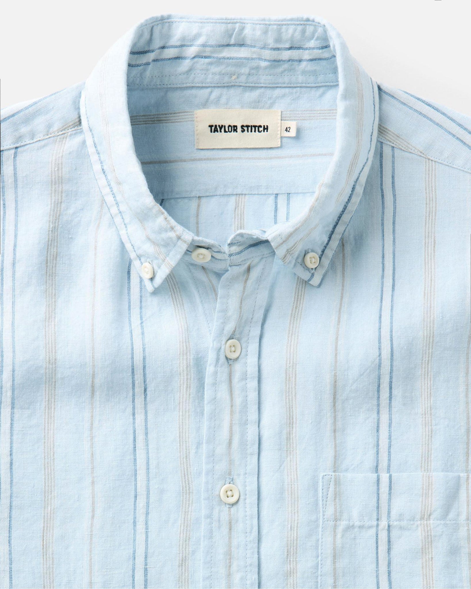 material shot of the sleeve on The Jack in Blue Sky Stripe Linen, Wovens by Taylor Stitch