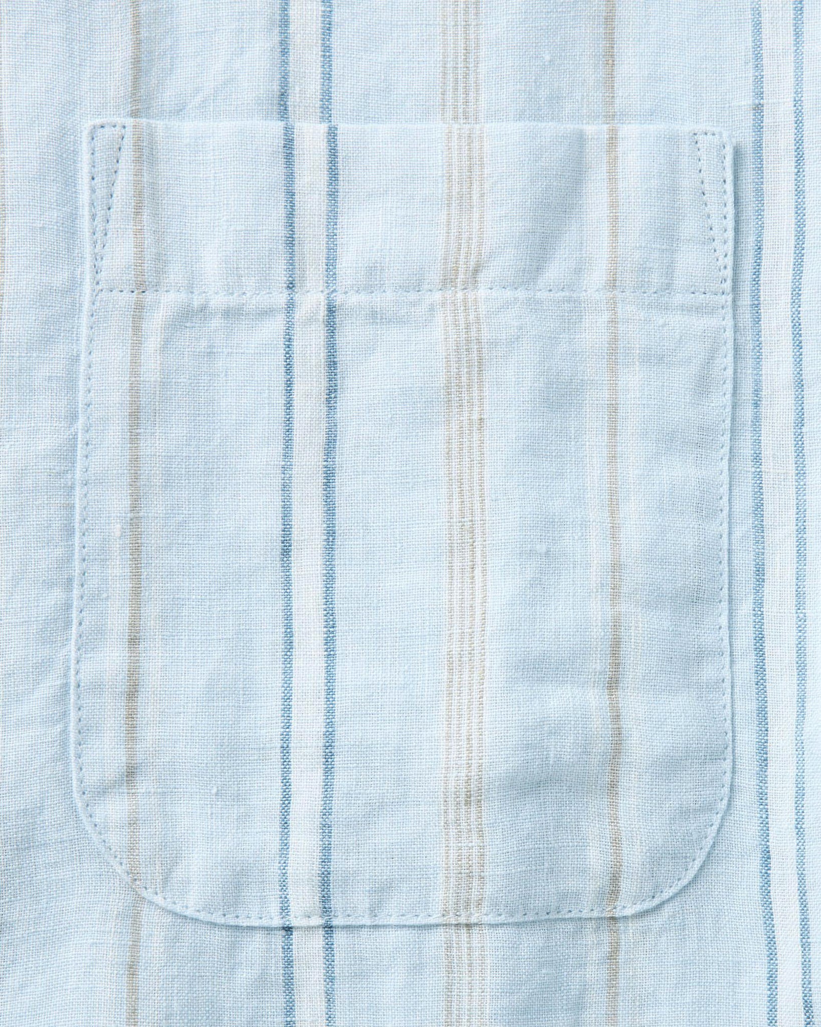 material shot of the fabric of The Jack in Blue Sky Stripe Linen, Wovens by Taylor Stitch