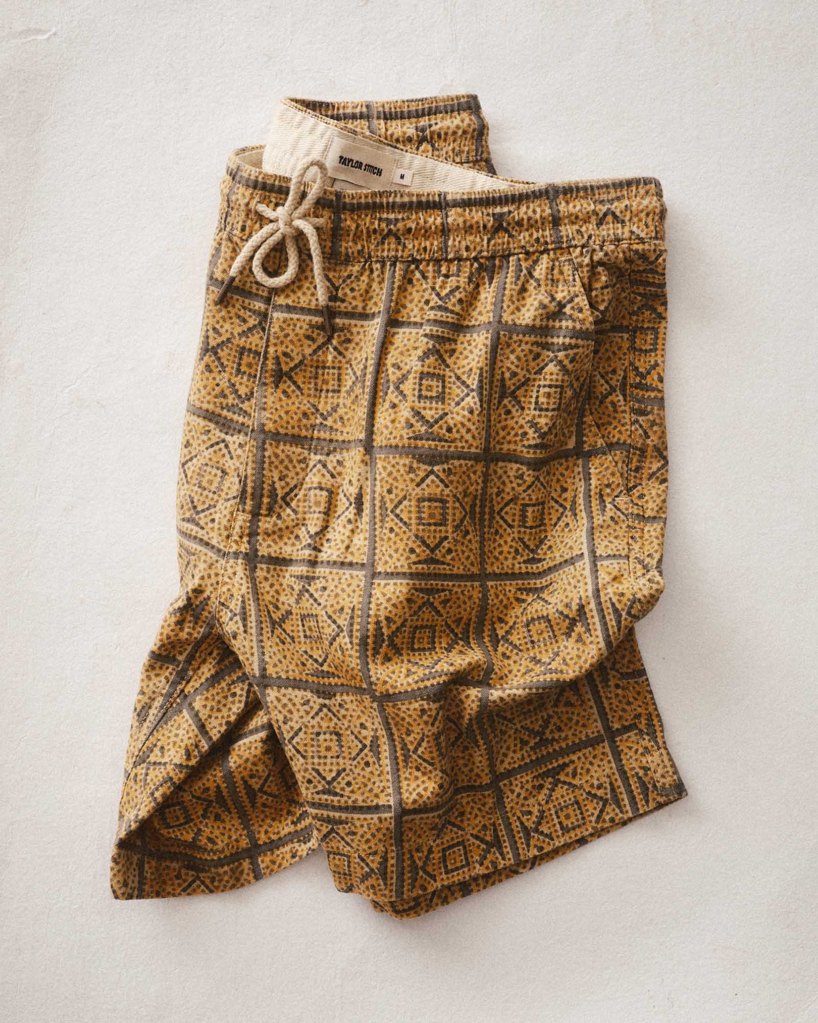 editorial image of The Apres Short in Fennel Block Print folded, Bottoms by Taylor Stitch