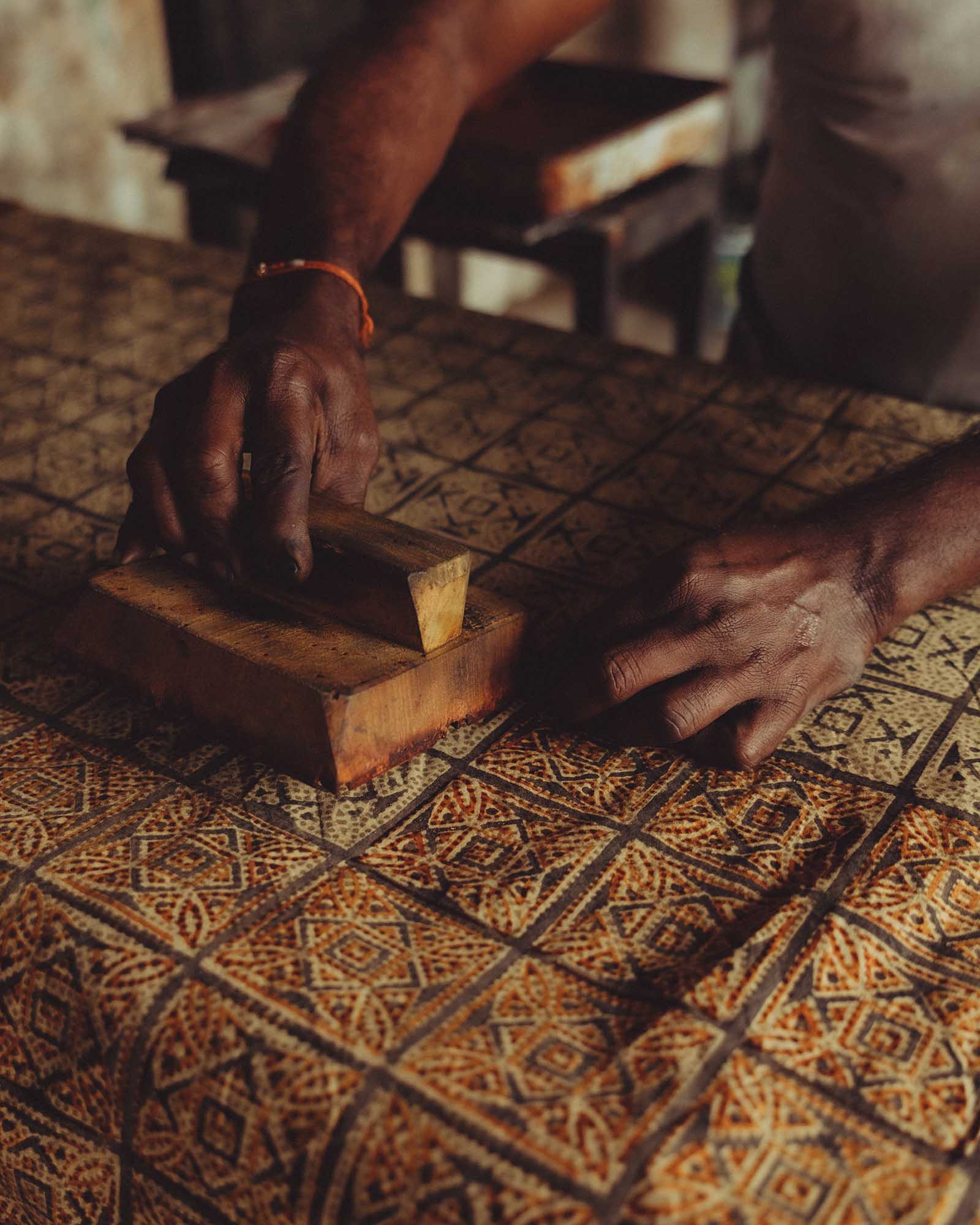 editorial image of the designer block printing for The Apres Short in Fennel Block Print, Bottoms by Taylor Stitch