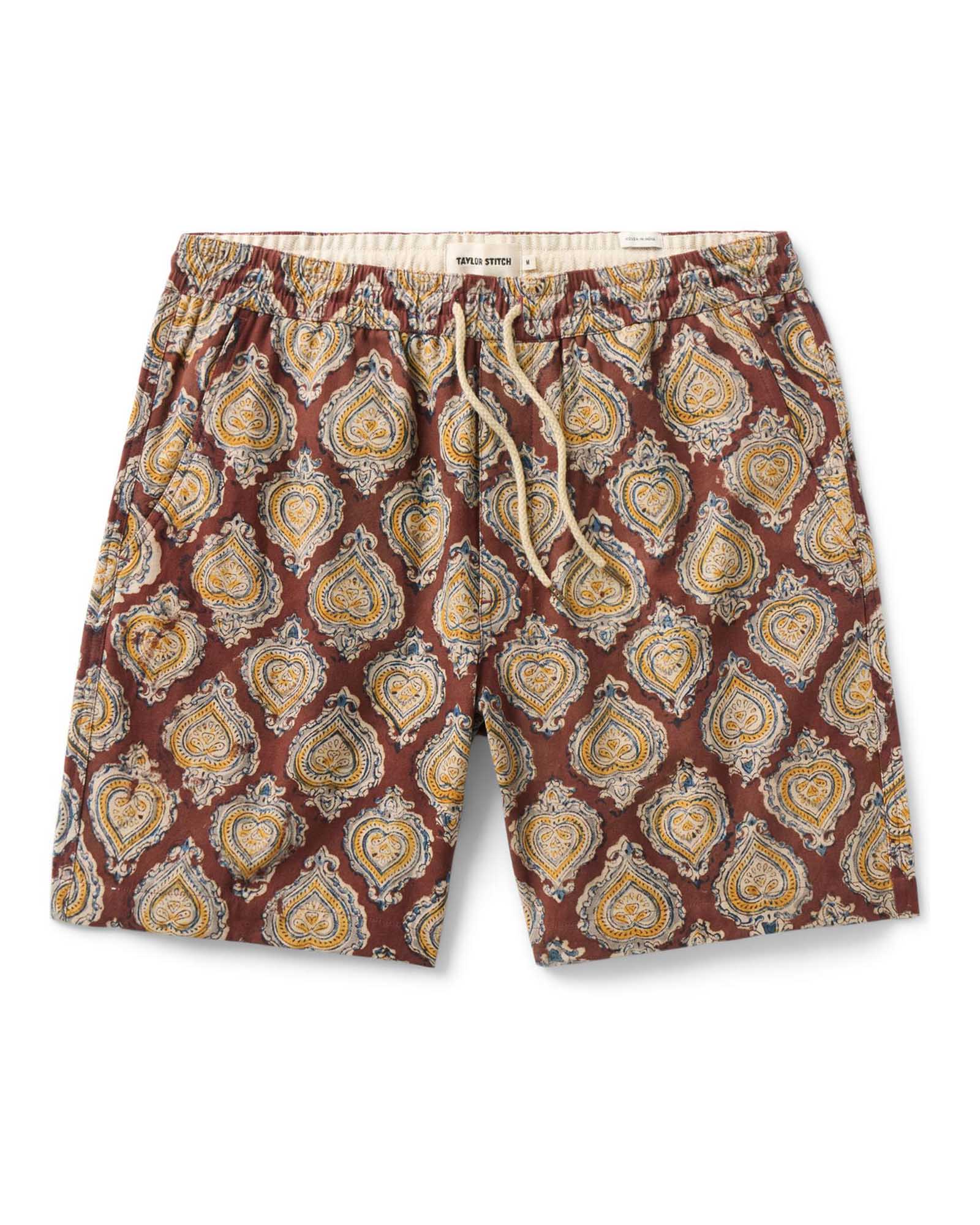 flatlay of The Apres Short in Sangria Block Print, Bottoms by Taylor Stitch