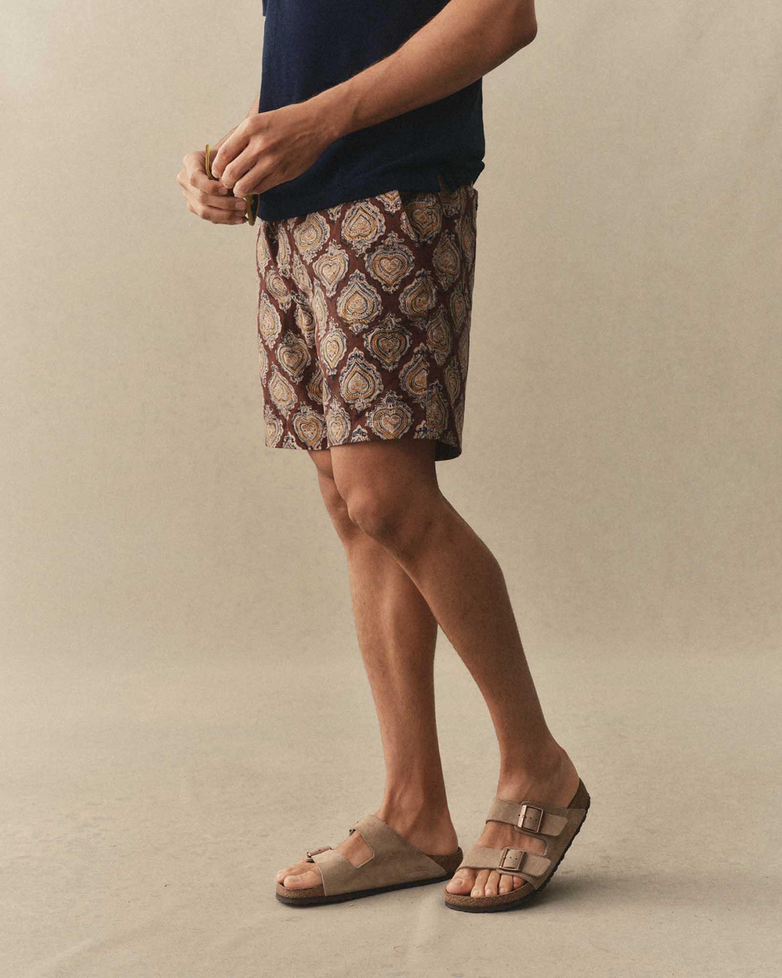 fit model showing off The Apres Short in Sangria Block Print, Bottoms by Taylor Stitch