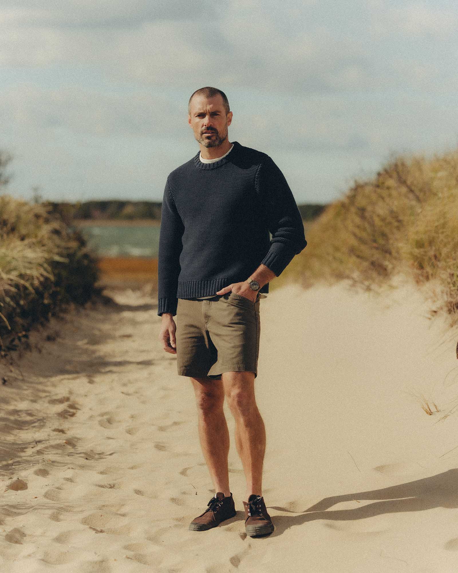 fit model posing in The Boulder Short in Mushroom Ripstop, Bottoms by Taylor Stitch