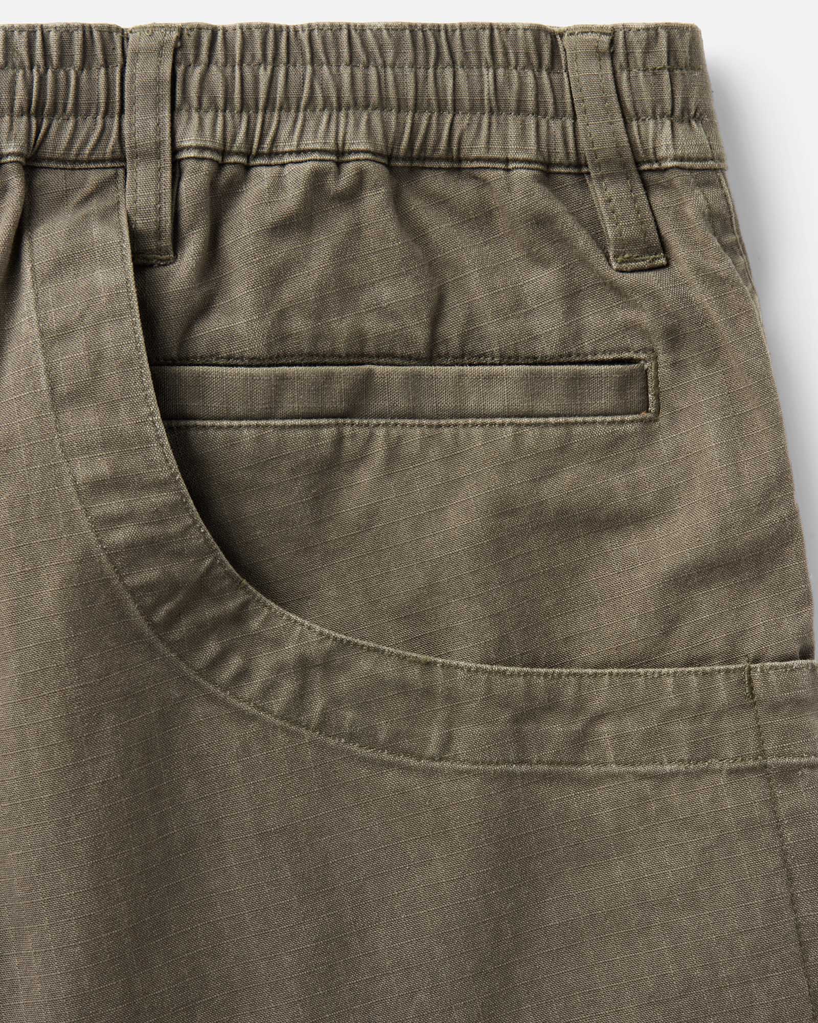 material shot of the back pocket on The Boulder Short in Mushroom Ripstop, Bottoms by Taylor Stitch