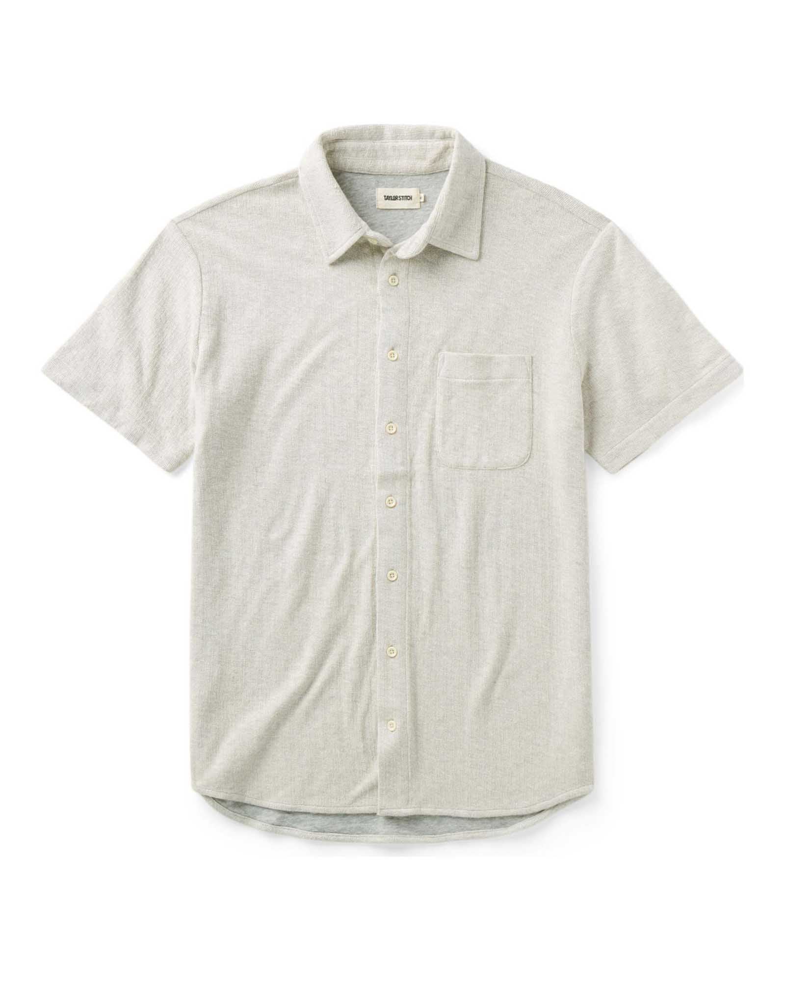 flatlay of The Short Sleeve California in Heather Oat Double Knit, Knits by Taylor Stitch
