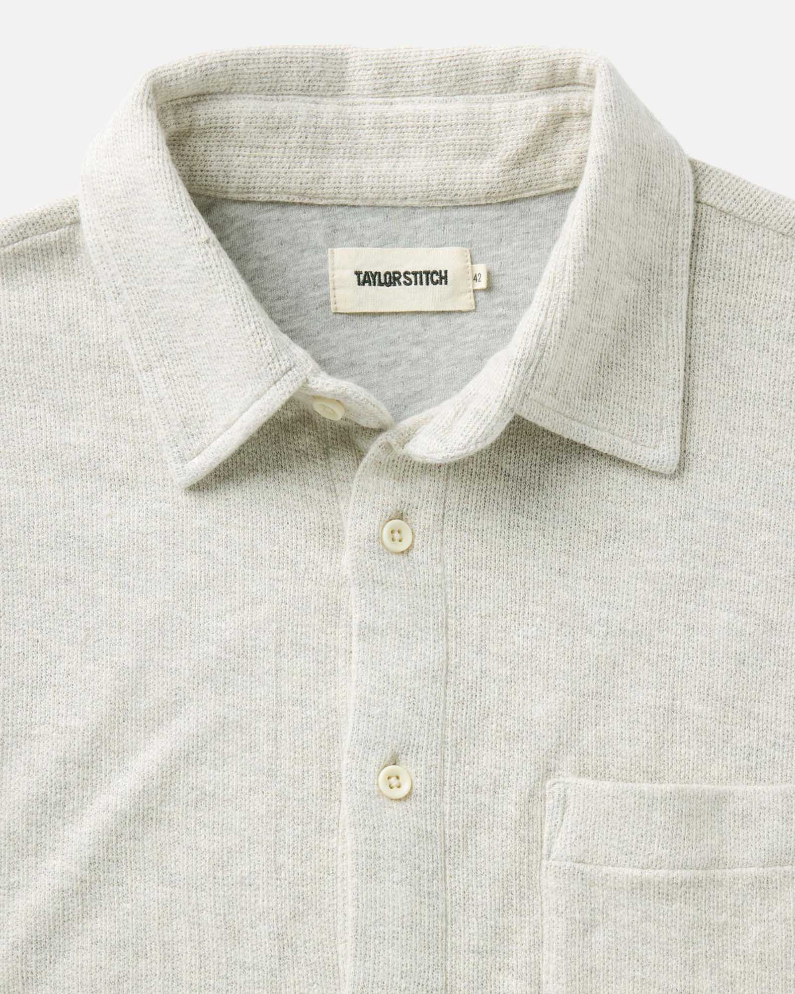 material shot of the collar on The Short Sleeve California in Heather Oat Double Knit, Knits by Taylor Stitch