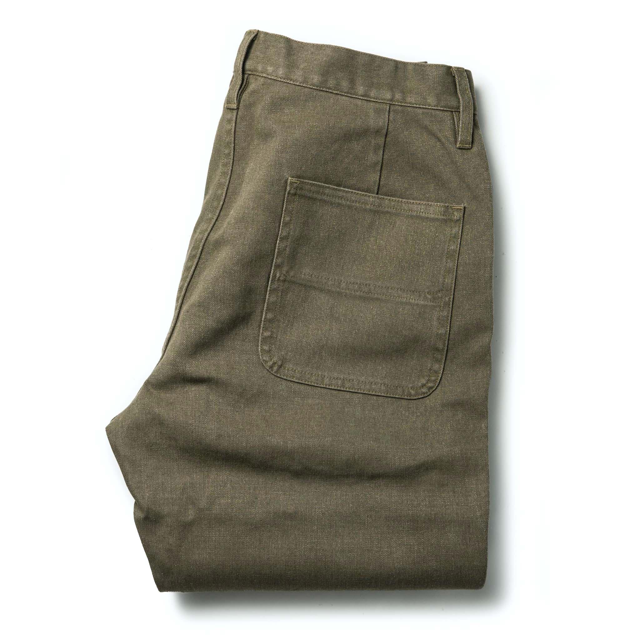 flatlay of The Chore Pant in Stone Boss Duck, folded from the back, Bottoms by Taylor Stitch