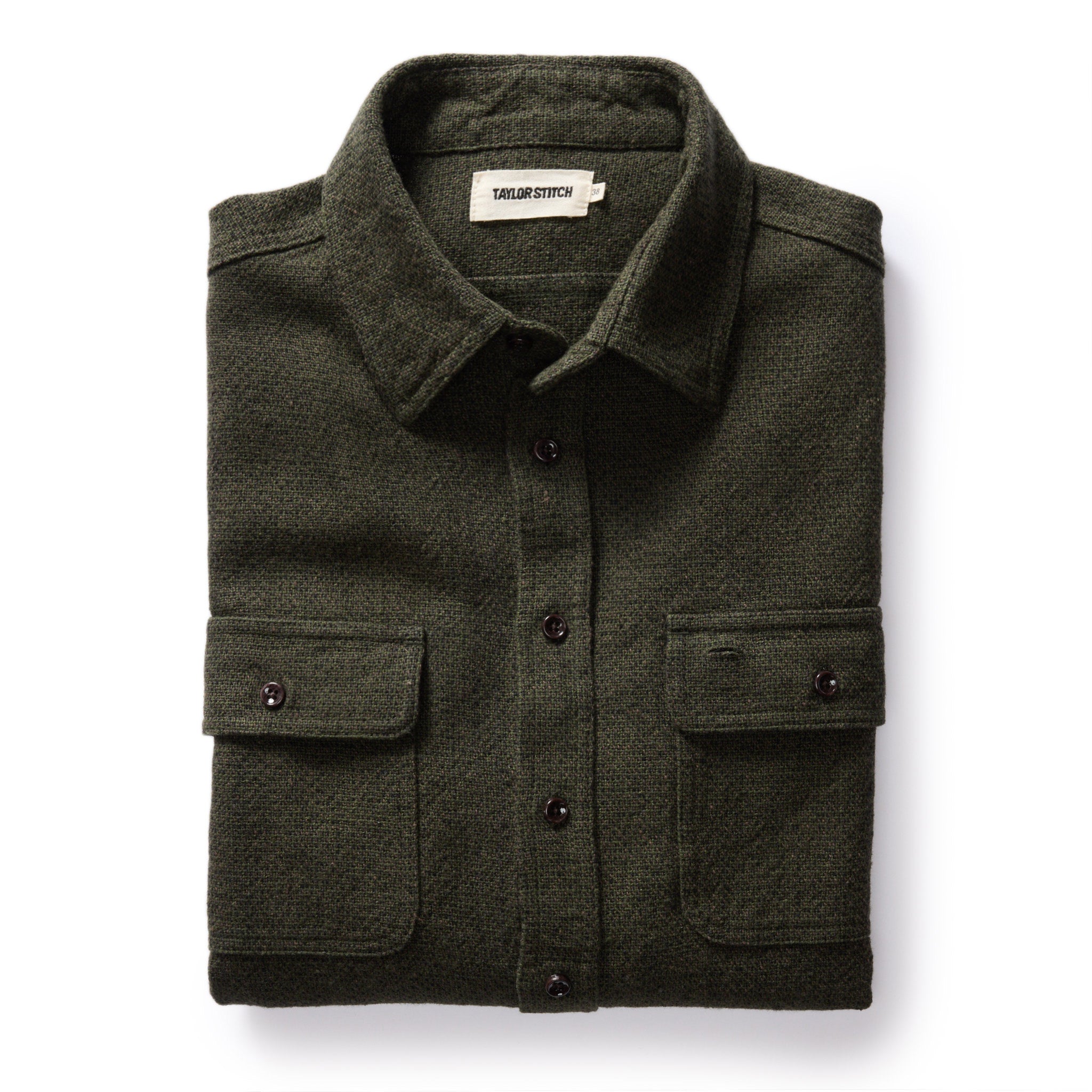 folded flatlay of The Ledge Shirt in Dark Forest Linen Tweed, Wovens by Taylor Stitch