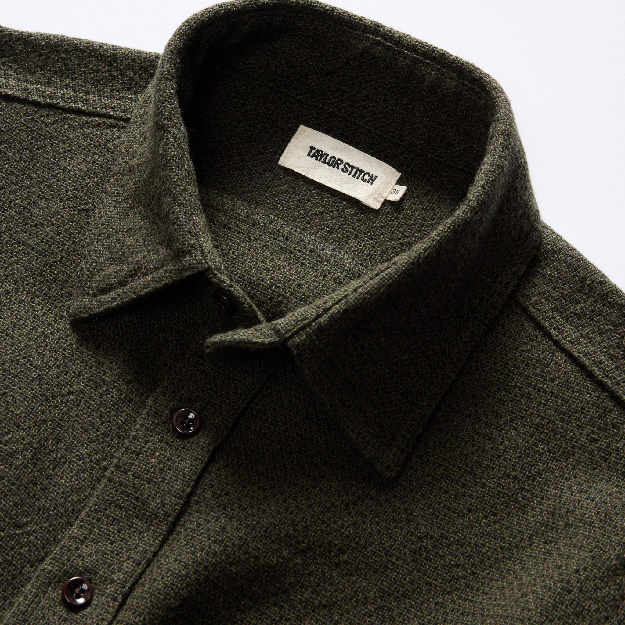 material shot of the collar on The Ledge Shirt in Dark Forest Linen Tweed, Wovens by Taylor Stitch