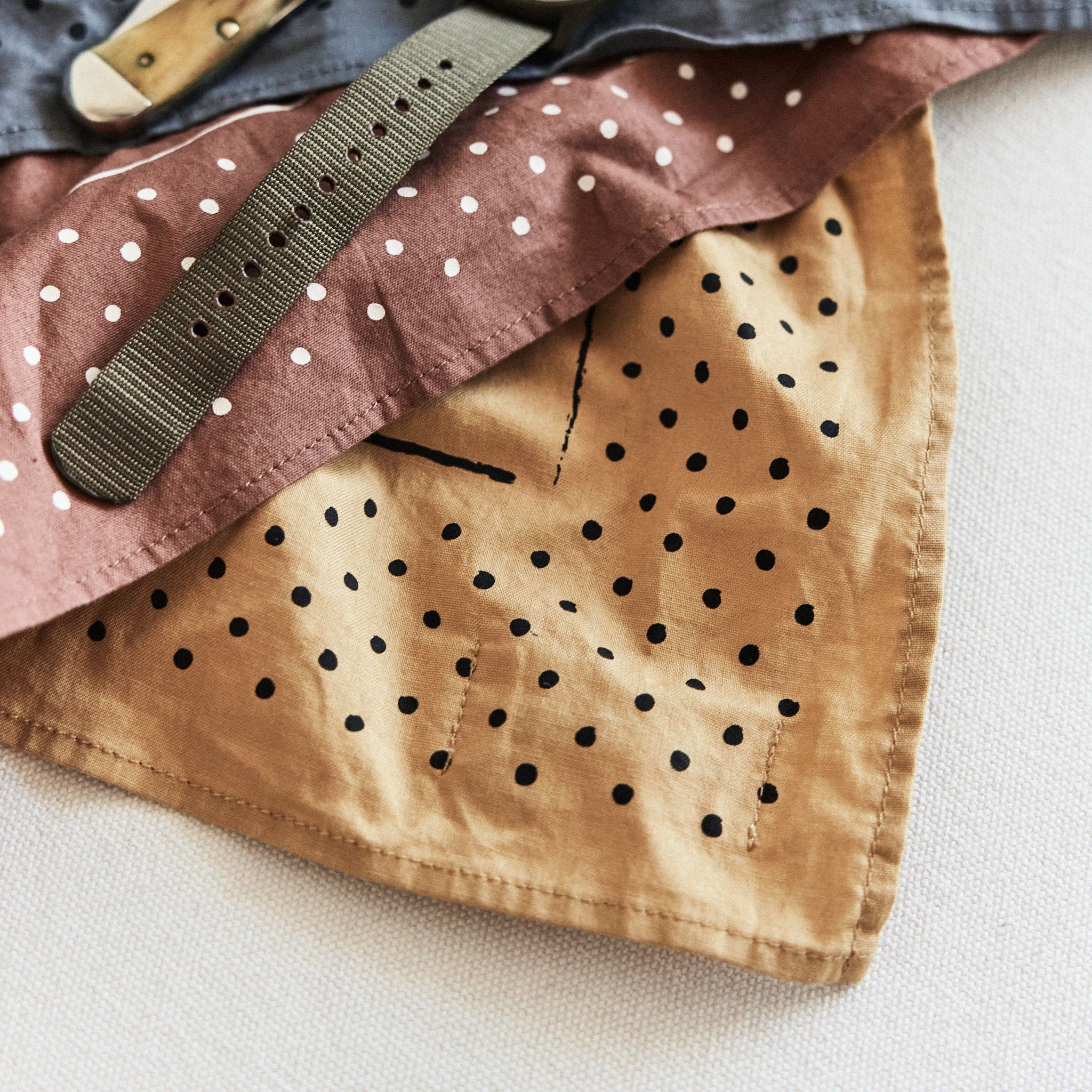 editorial image of The Bandana in Tarnished Gold and various bandanas, Accessories by Taylor Stitch