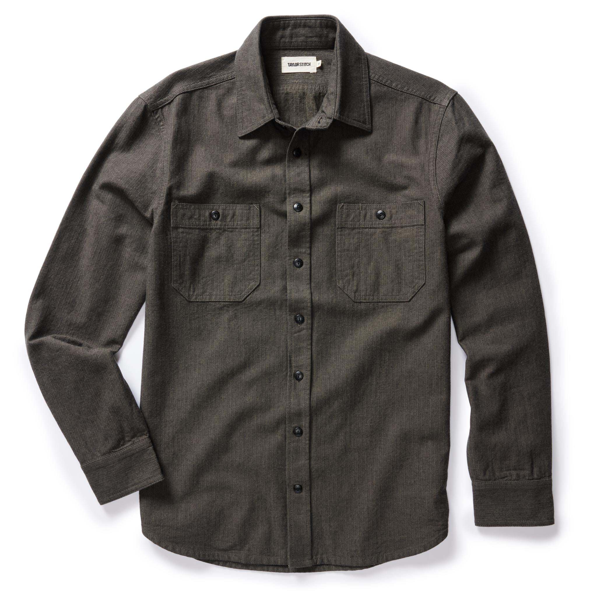 flatlay of The Utility Shirt in Olive Broken Herringbone, shown in full, Wovens by Taylor Stitch