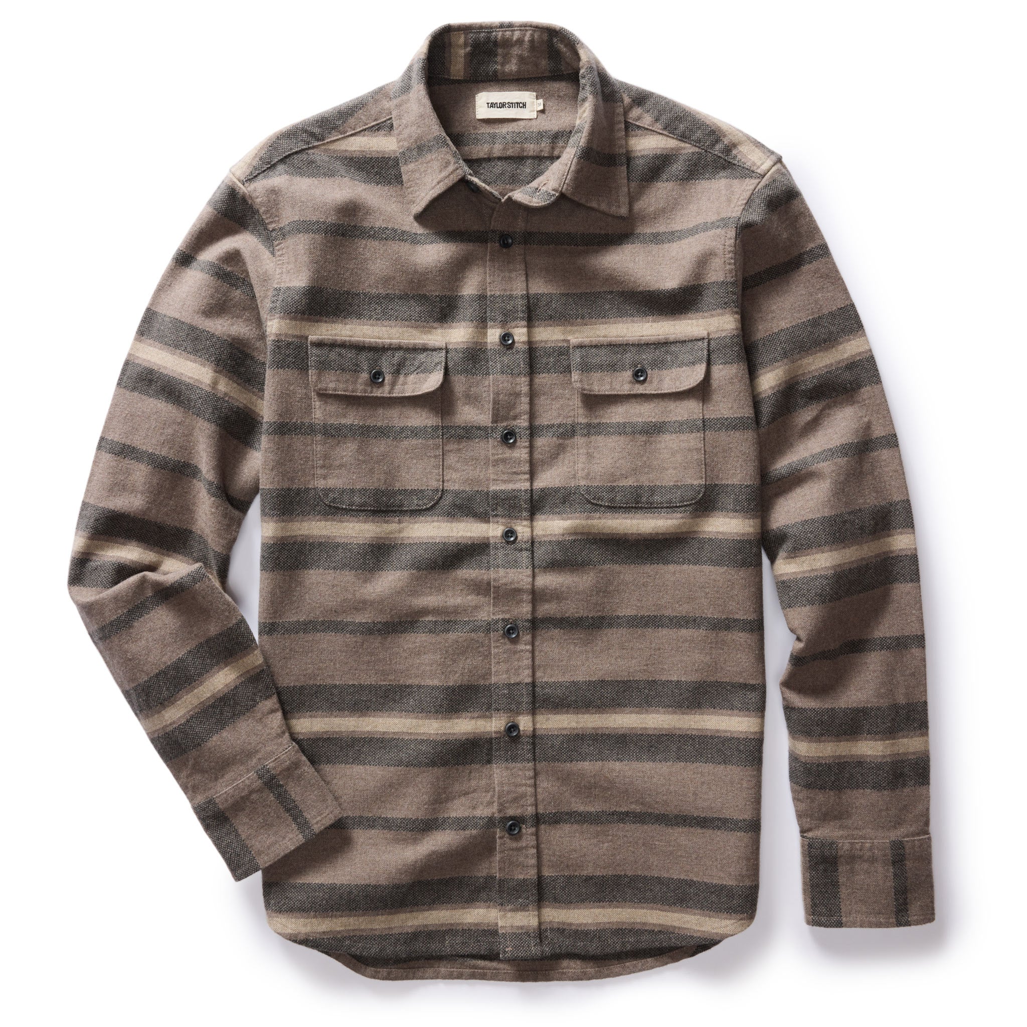 flatlay of The Yosemite Shirt in Graystone Heather Stripe, shown in full, Wovens by Taylor Stitch