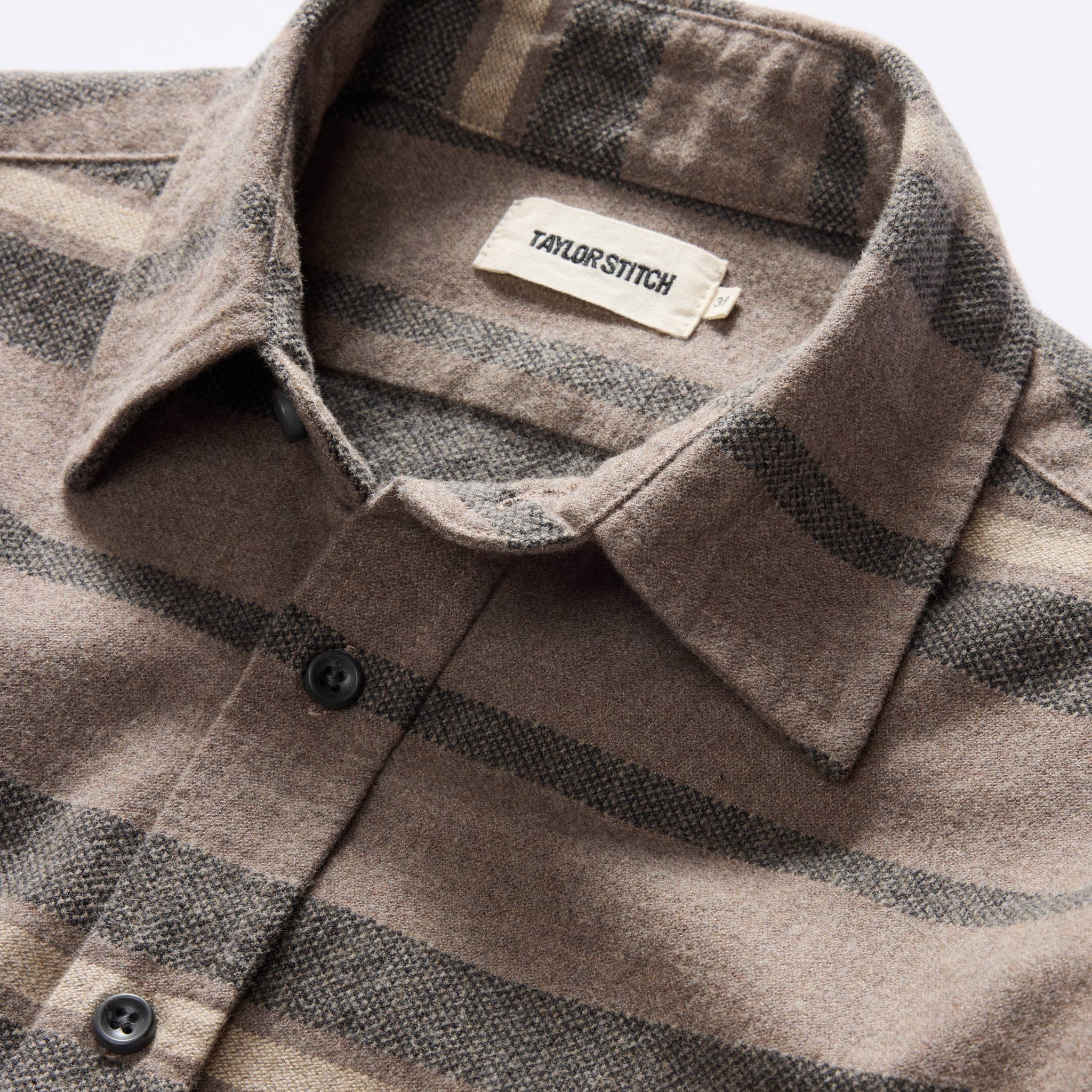 material shot of the collar on The Yosemite Shirt in Graystone Heather Stripe, Wovens by Taylor Stitch