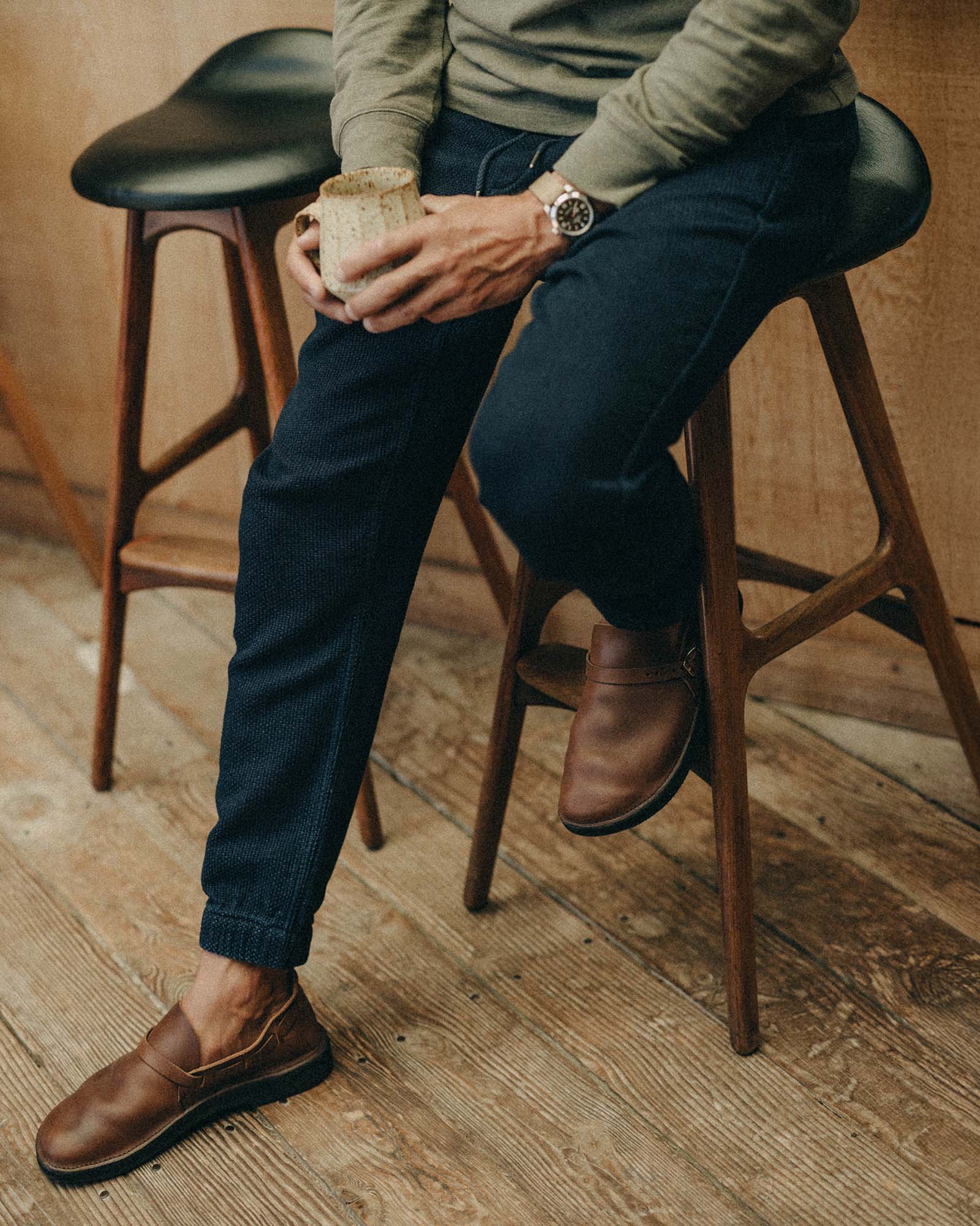editorial image of The Apres Pant in Rinsed Indigo Sashiko hanging, Bottoms by Taylor Stitch
