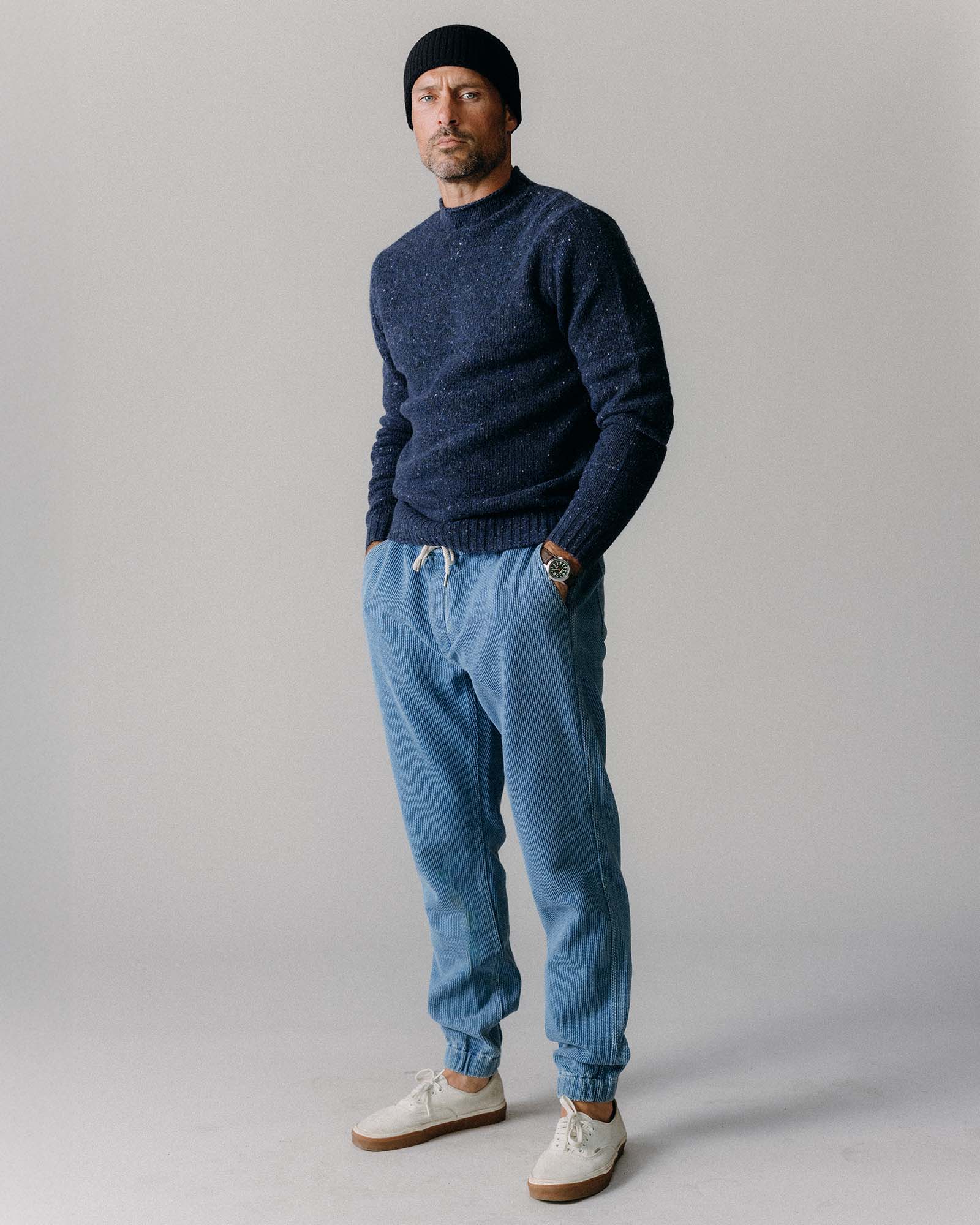 flatlay of The Apres Pant in Washed Indigo Sashiko, Bottoms by Taylor Stitch