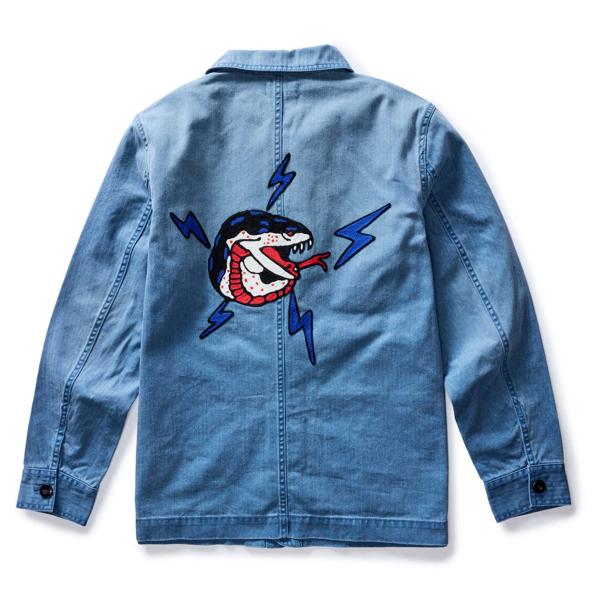 flatlay of the back of The Ojai Jacket in Embroidered French Blue Herringbone, Outerwear by Taylor Stitch