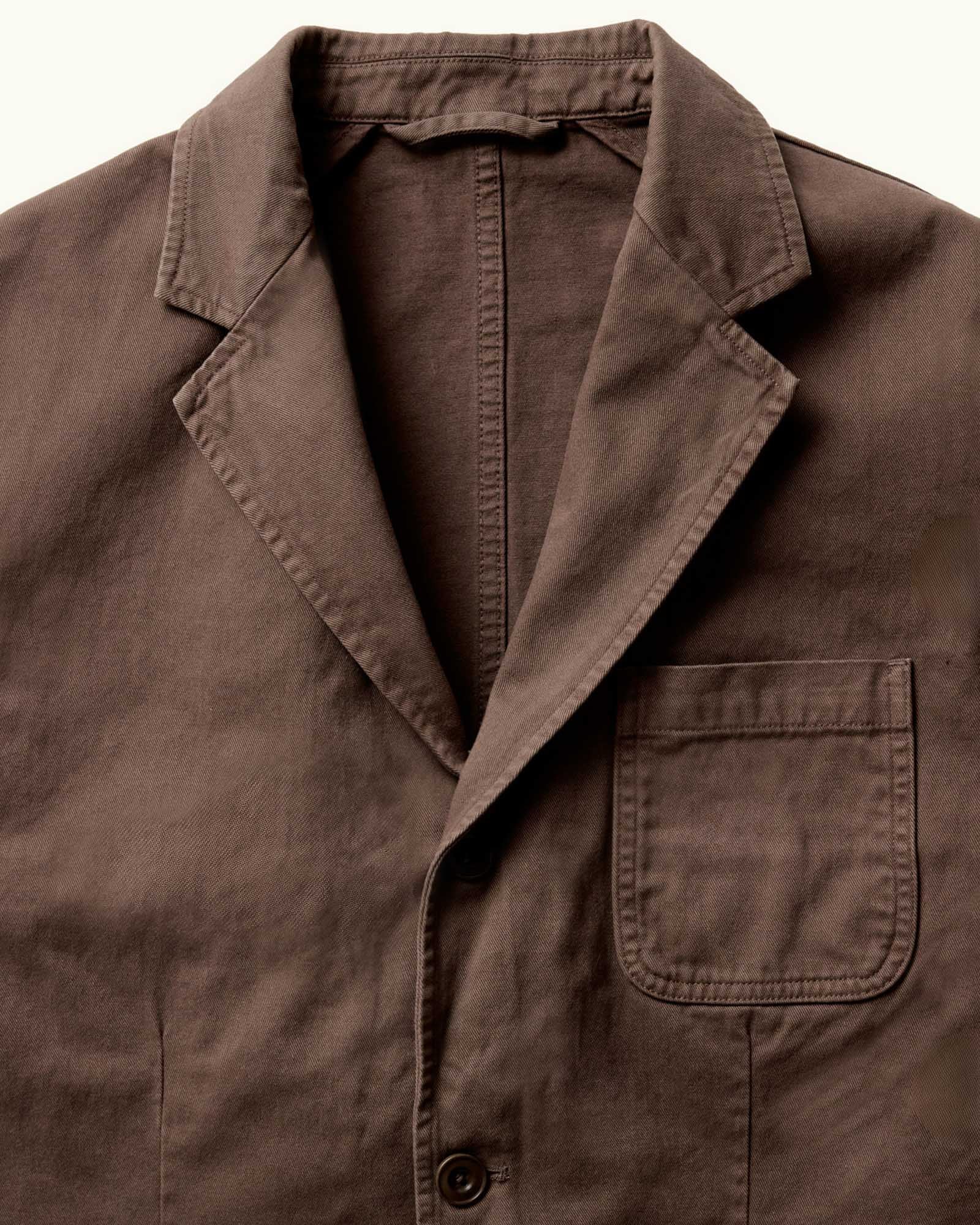 material shot of the collar on The Foundation Sportcoat in Organic Espresso Twill, Outerwear by Taylor Stitch