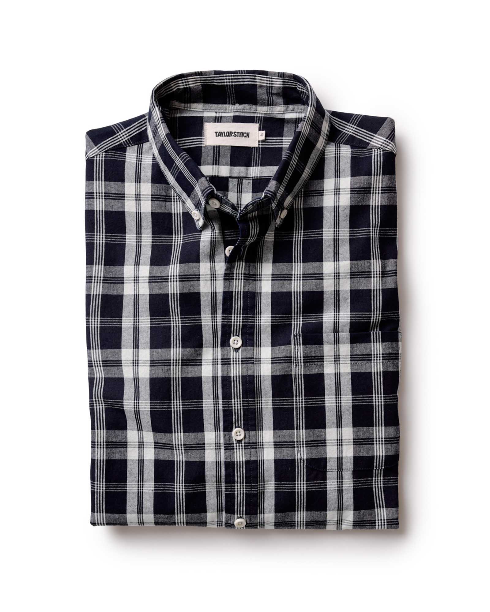 folded flatlay of The Jack in Rinsed Indigo Plaid Oxford, Wovens by Taylor Stitch