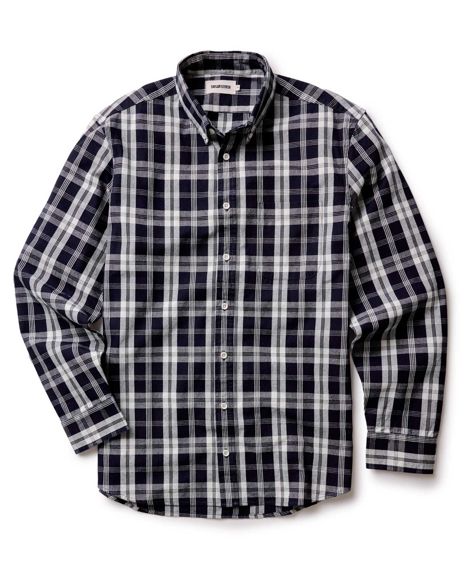 flatlay of The Jack in Rinsed Indigo Plaid Oxford, Wovens by Taylor Stitch