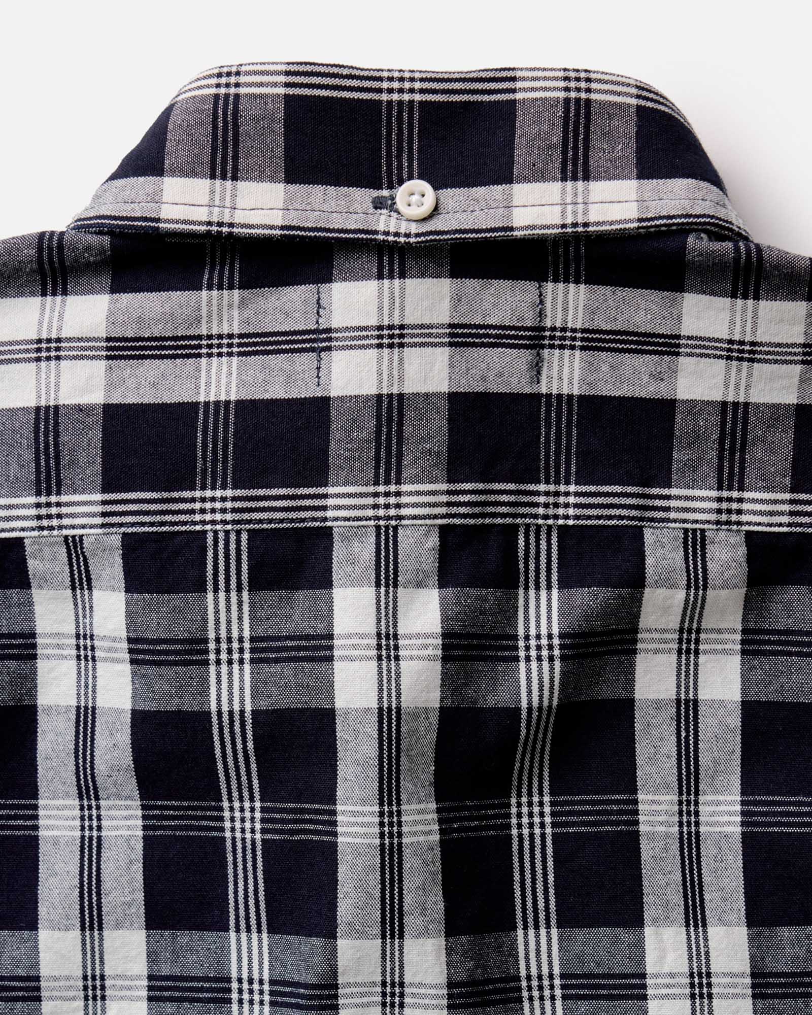 material shot of the back collar on The Jack in Rinsed Indigo Plaid Oxford, Wovens by Taylor Stitch