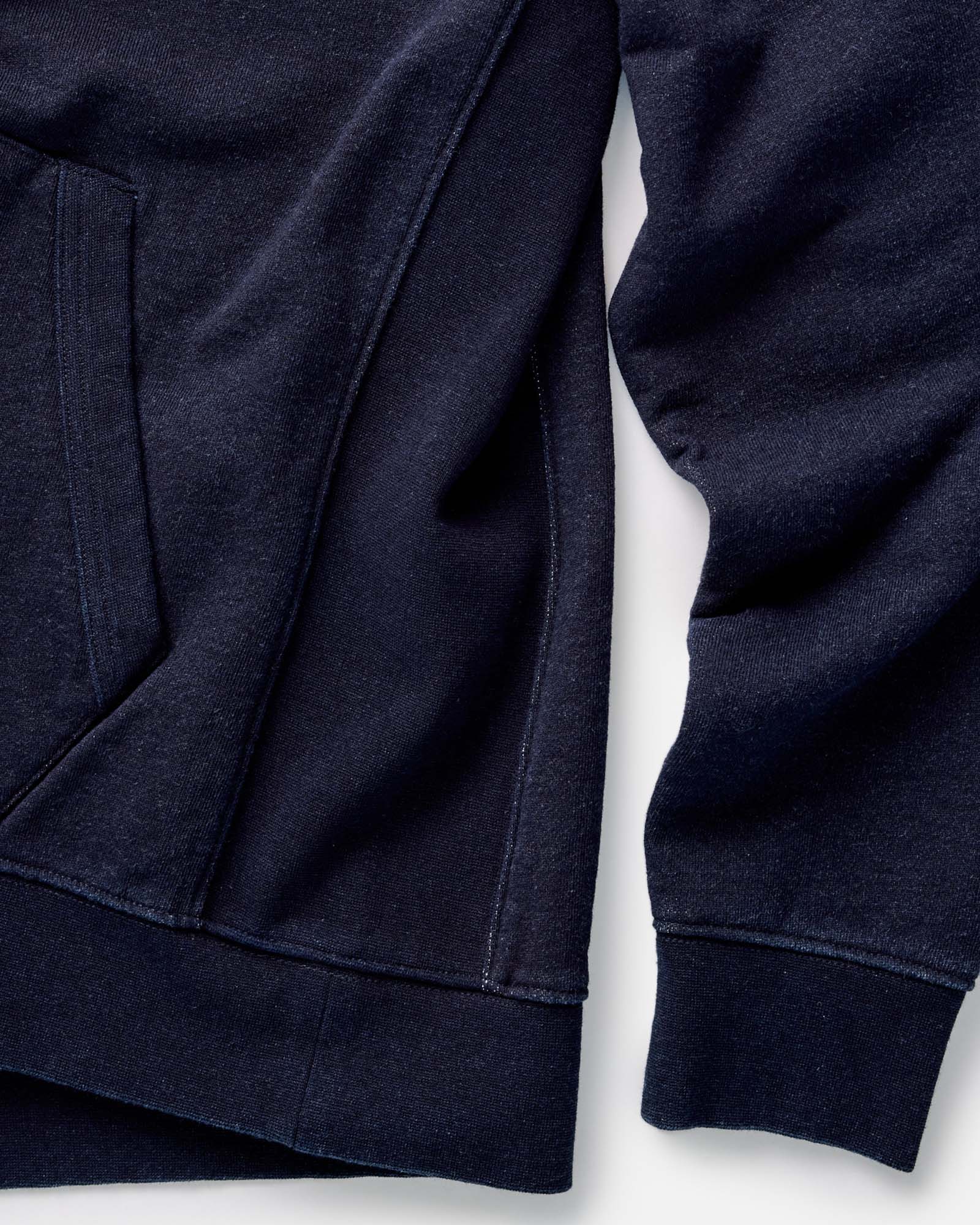 material shot of the hoodie on The Apres Hoodie in Indigo Terry, Knits by Taylor Stitch