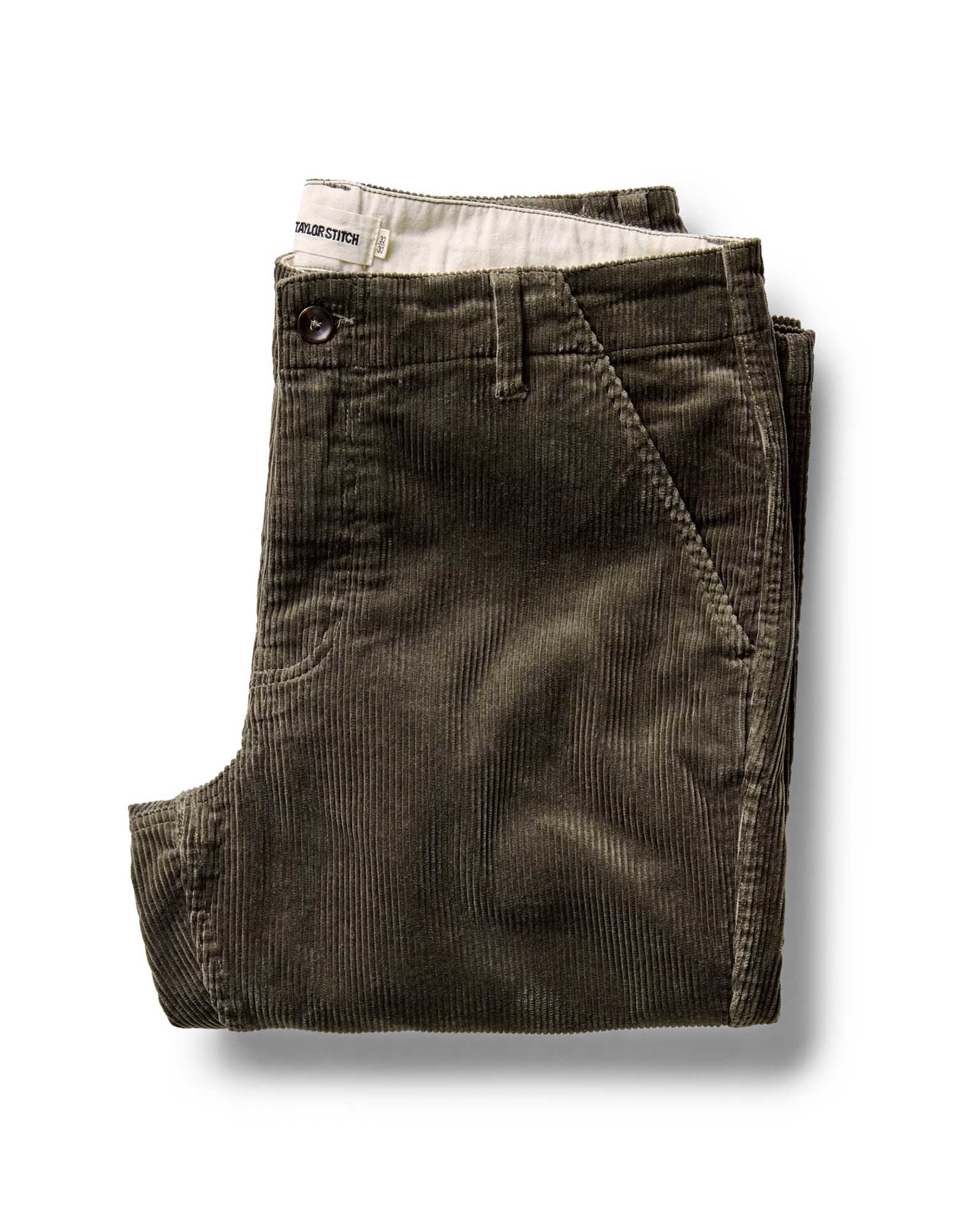 folded flatlay of The Carnegie Pant in Fatigue Olive Corduroy, Bottoms by Taylor Stitch