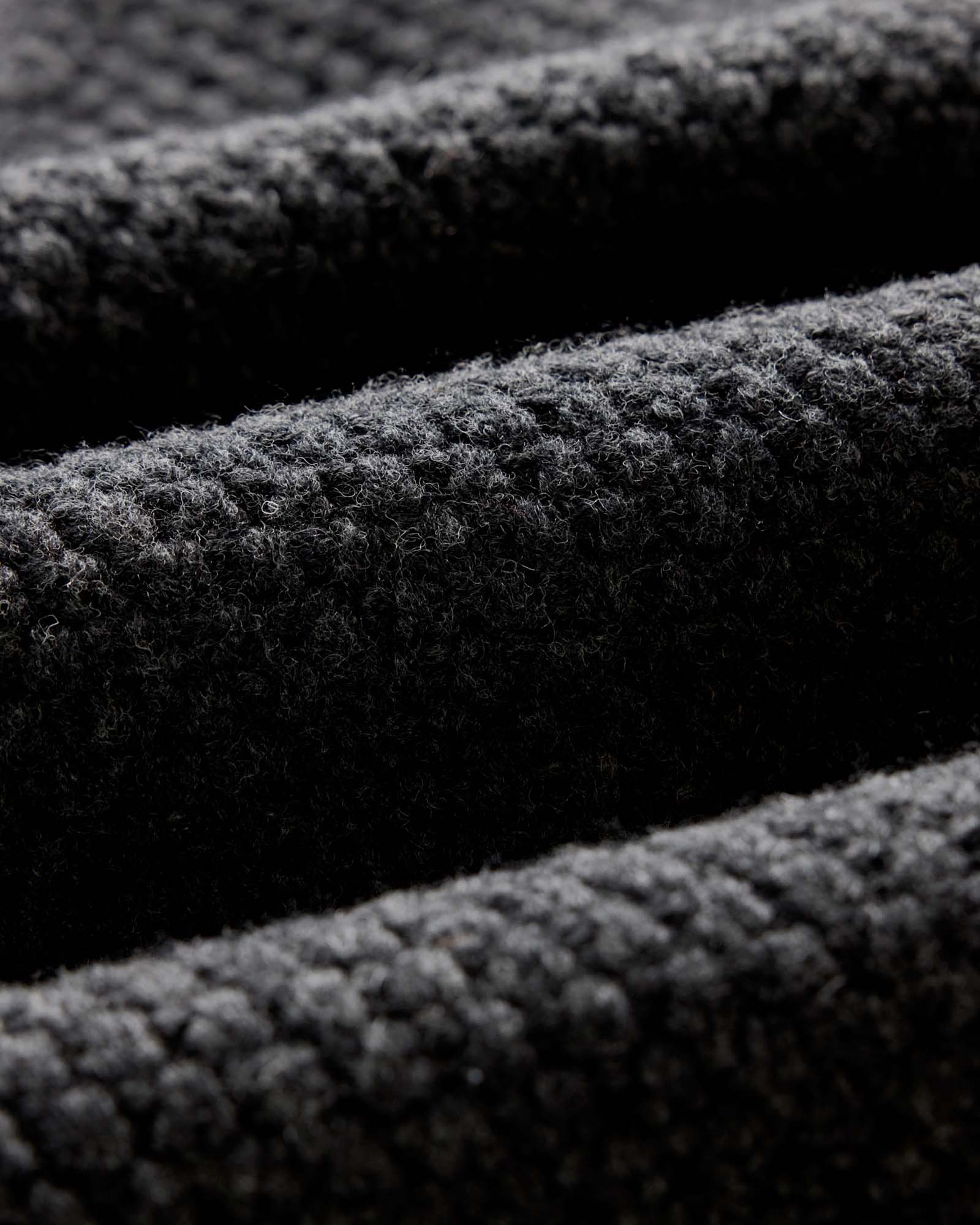 material shot of the fabric on The Fisherman Shawl Cardigan in Heather Coal Merino, Knits by Taylor Stitch