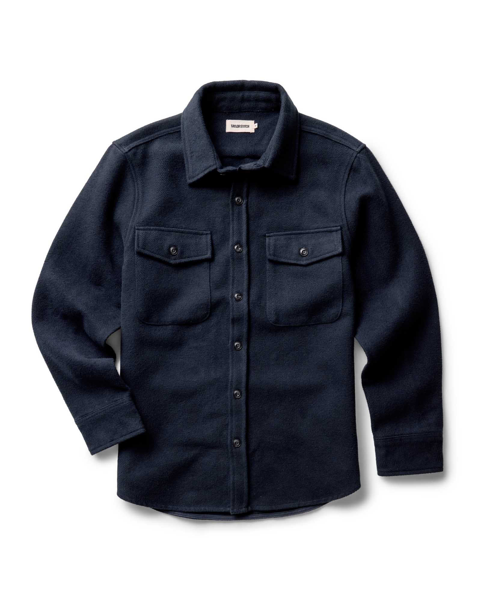 flatlay of The Maritime Shirt Jacket in Dark Navy Moleskin Twill, Outerwear by Taylor Stitch