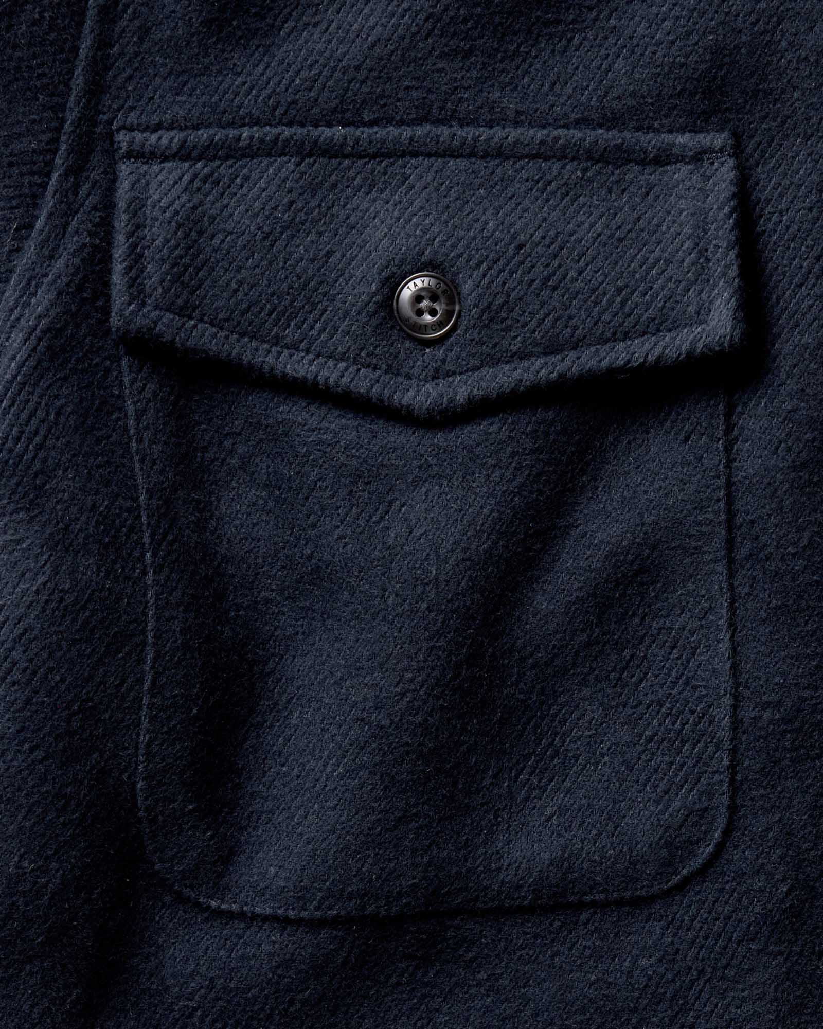 material shot of the pocket on The Maritime Shirt Jacket in Dark Navy Moleskin Twill, Outerwear by Taylor Stitch