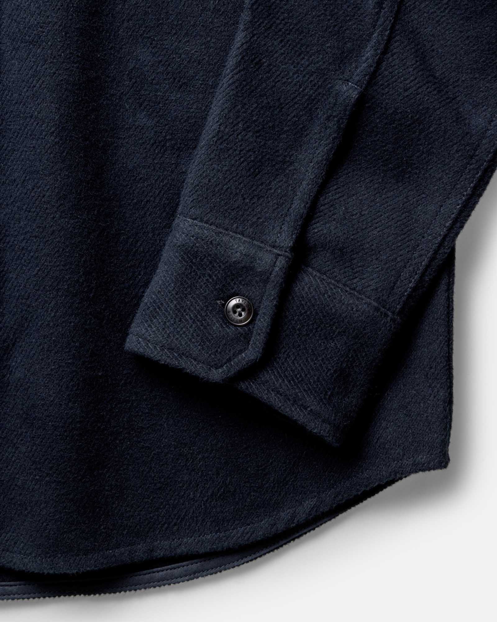 material shot of the sleeve on The Maritime Shirt Jacket in Dark Navy Moleskin Twill, Outerwear by Taylor Stitch