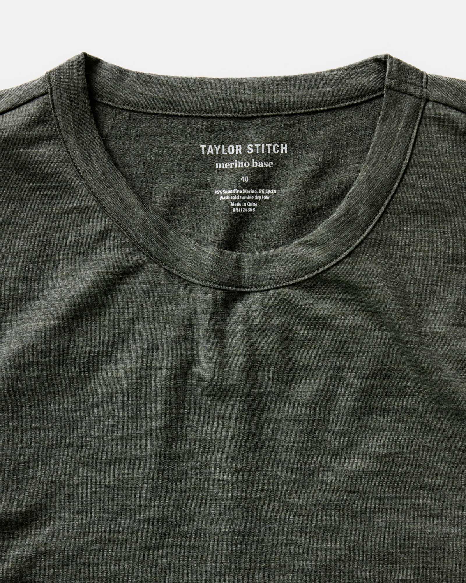 material shot of the collar on The Merino Long Sleeve Tee in Heather Army, Knits by Taylor Stitch