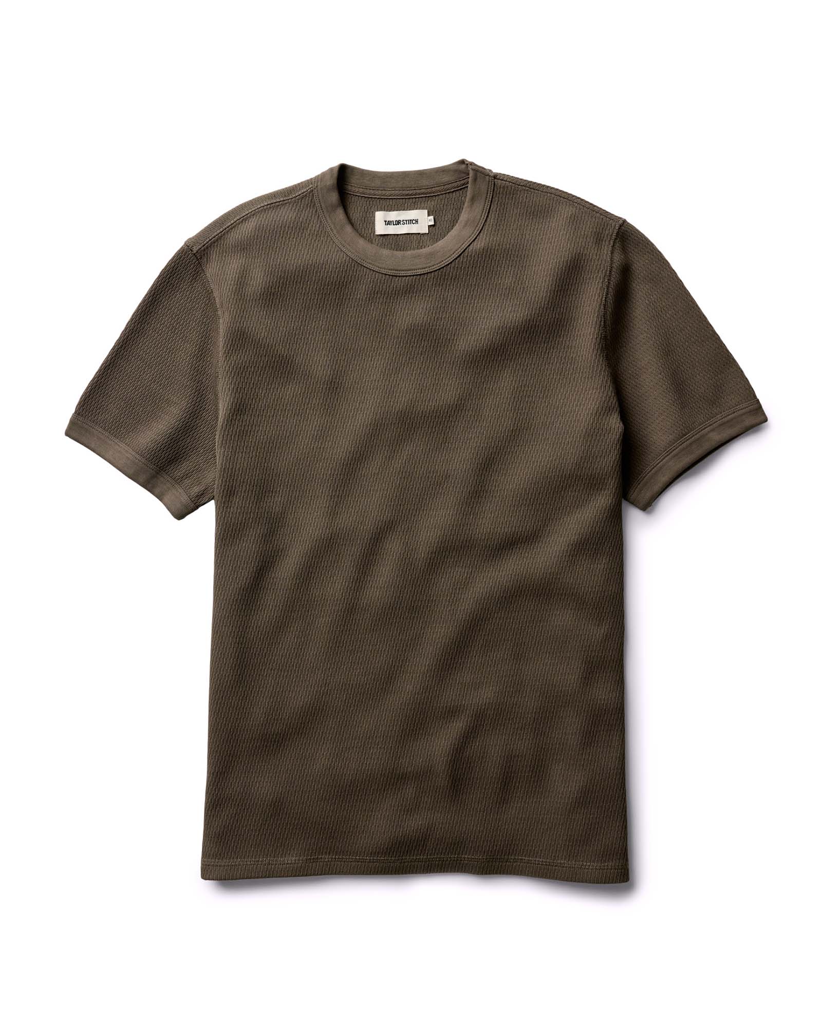 flatlay of The Organic Cotton Short Sleeve Crew in Fatigue Olive Waffle, Knits by Taylor Stitch