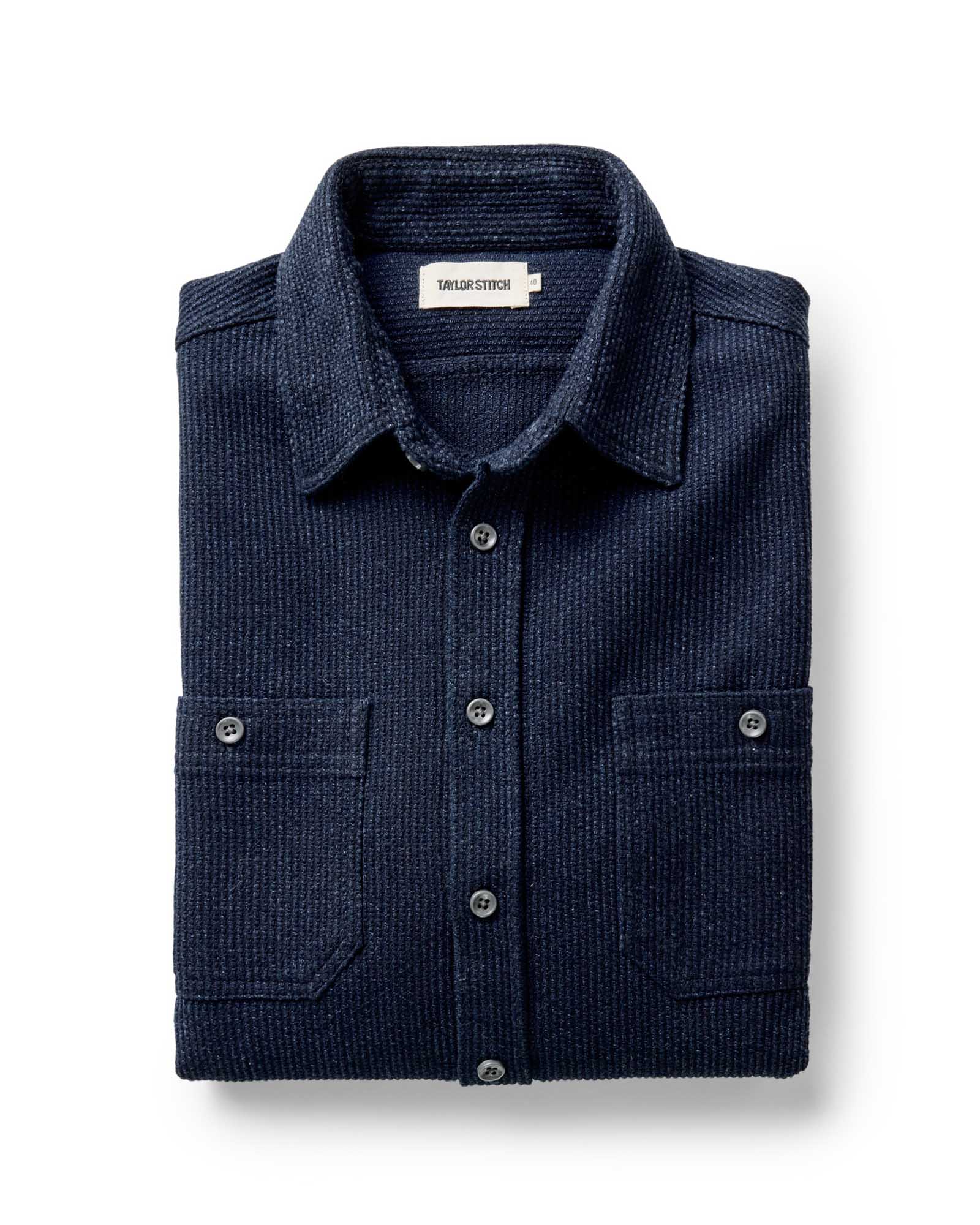folded flatlay of The Utility Shirt in Rinsed Indigo Sashiko, Wovens by Taylor Stitch