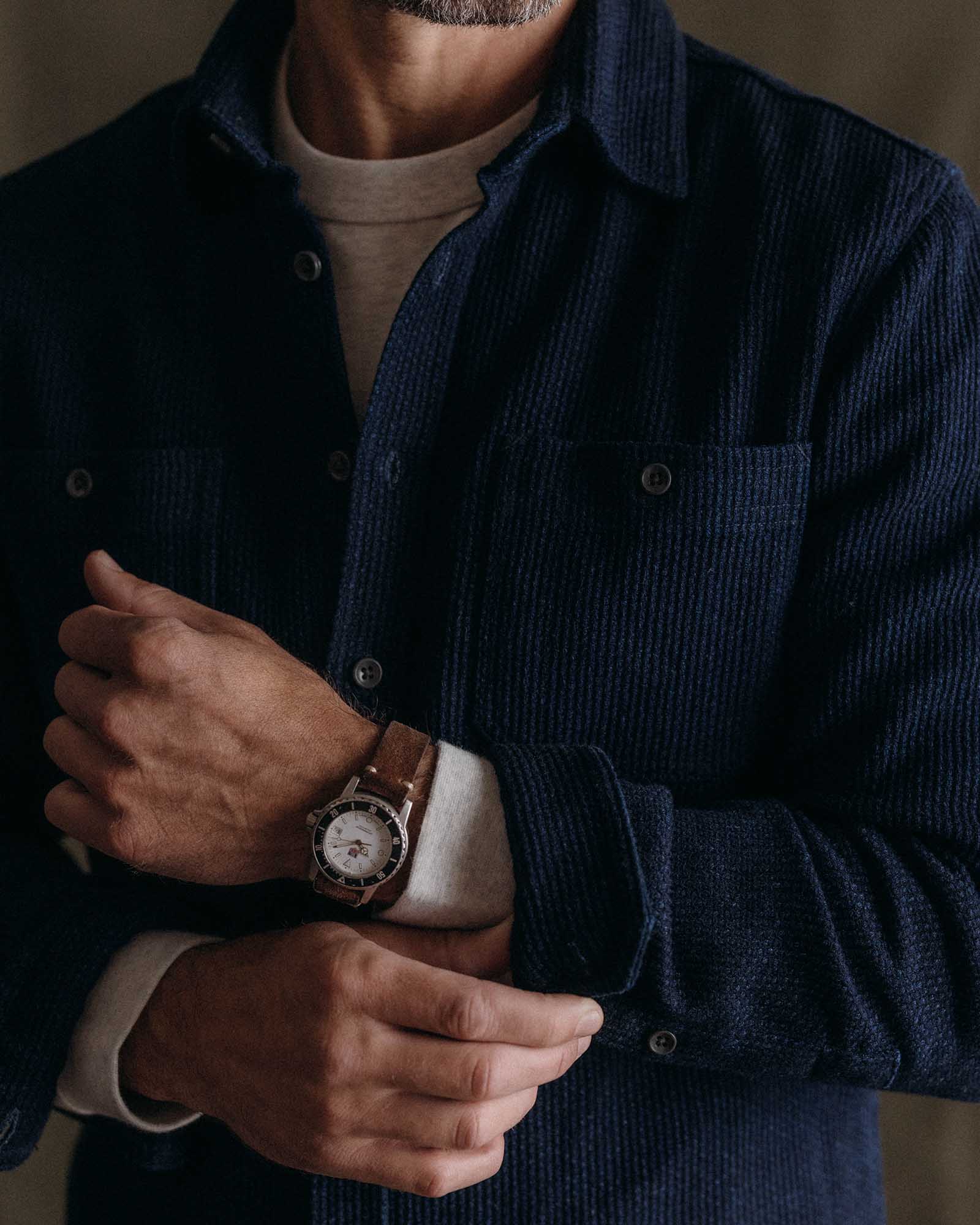 fit model showing off The Utility Shirt in Rinsed Indigo Sashiko, Wovens by Taylor Stitch