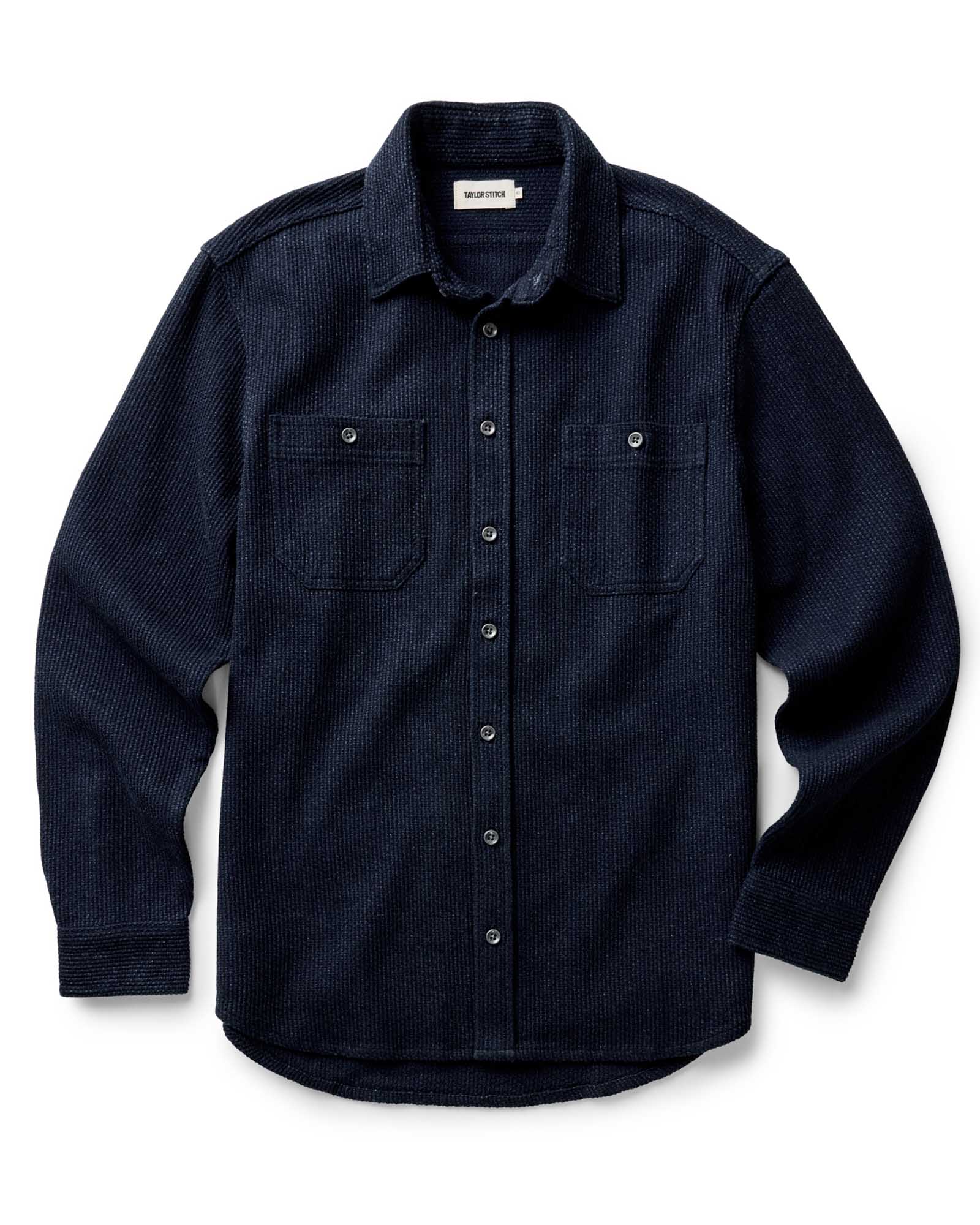 material shot of the sleeve on The Utility Shirt in Rinsed Indigo Sashiko, Wovens by Taylor Stitch