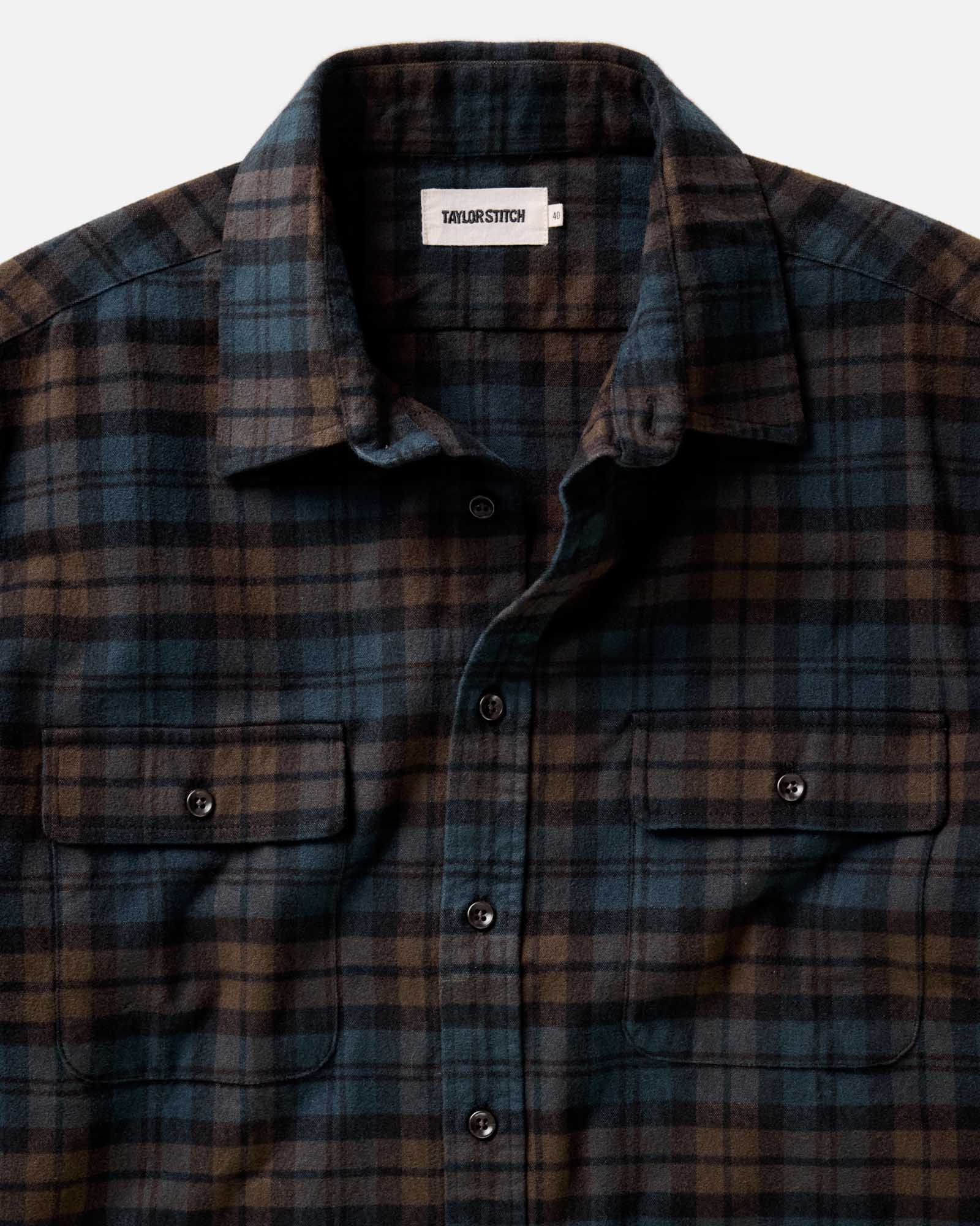 material shot of the collar on The Yosemite Shirt in Wetlands Plaid, Wovens by Taylor Stitch