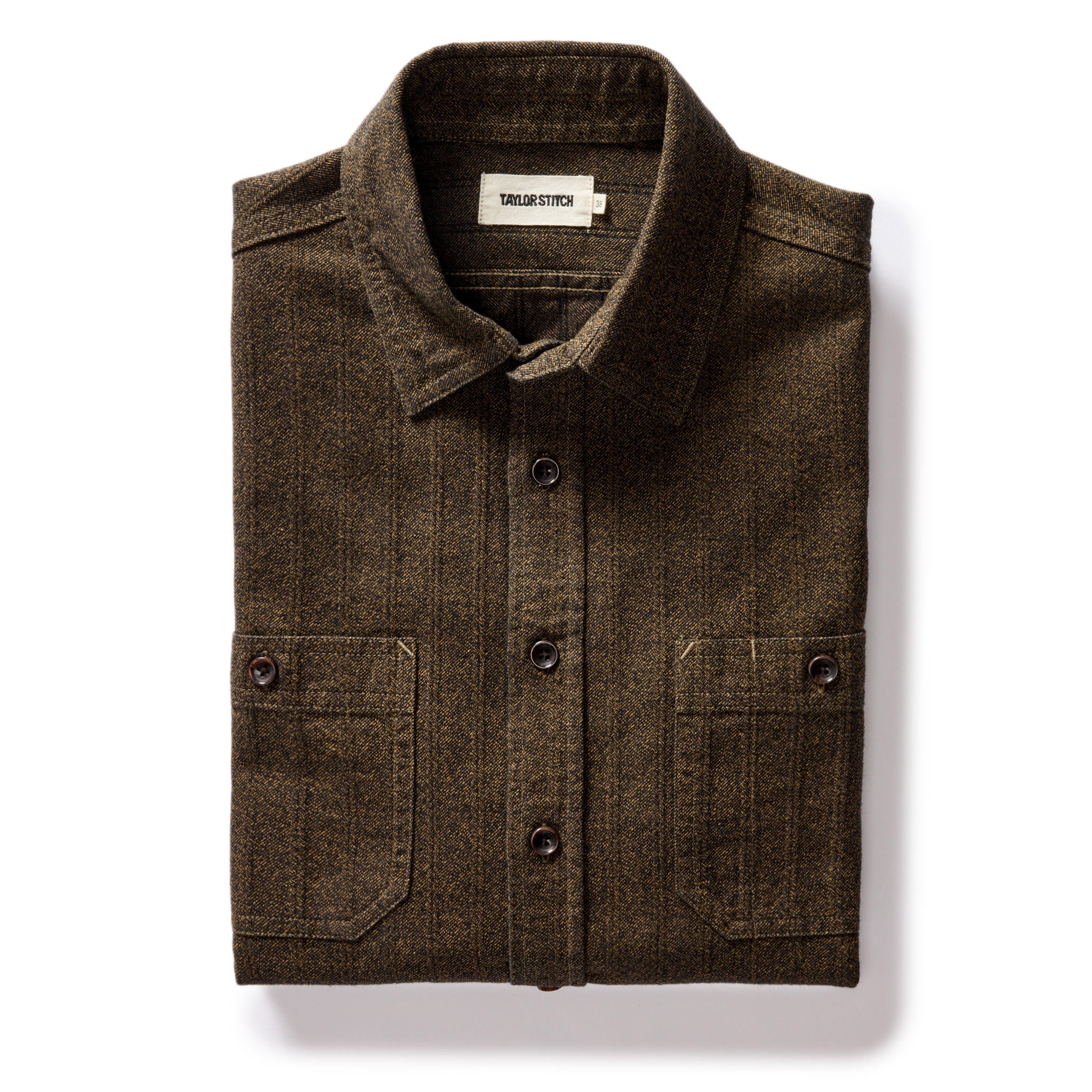 flatlay of The Utility Shirt in Tarnished Brass Herringbone, Wovens by Taylor Stitch