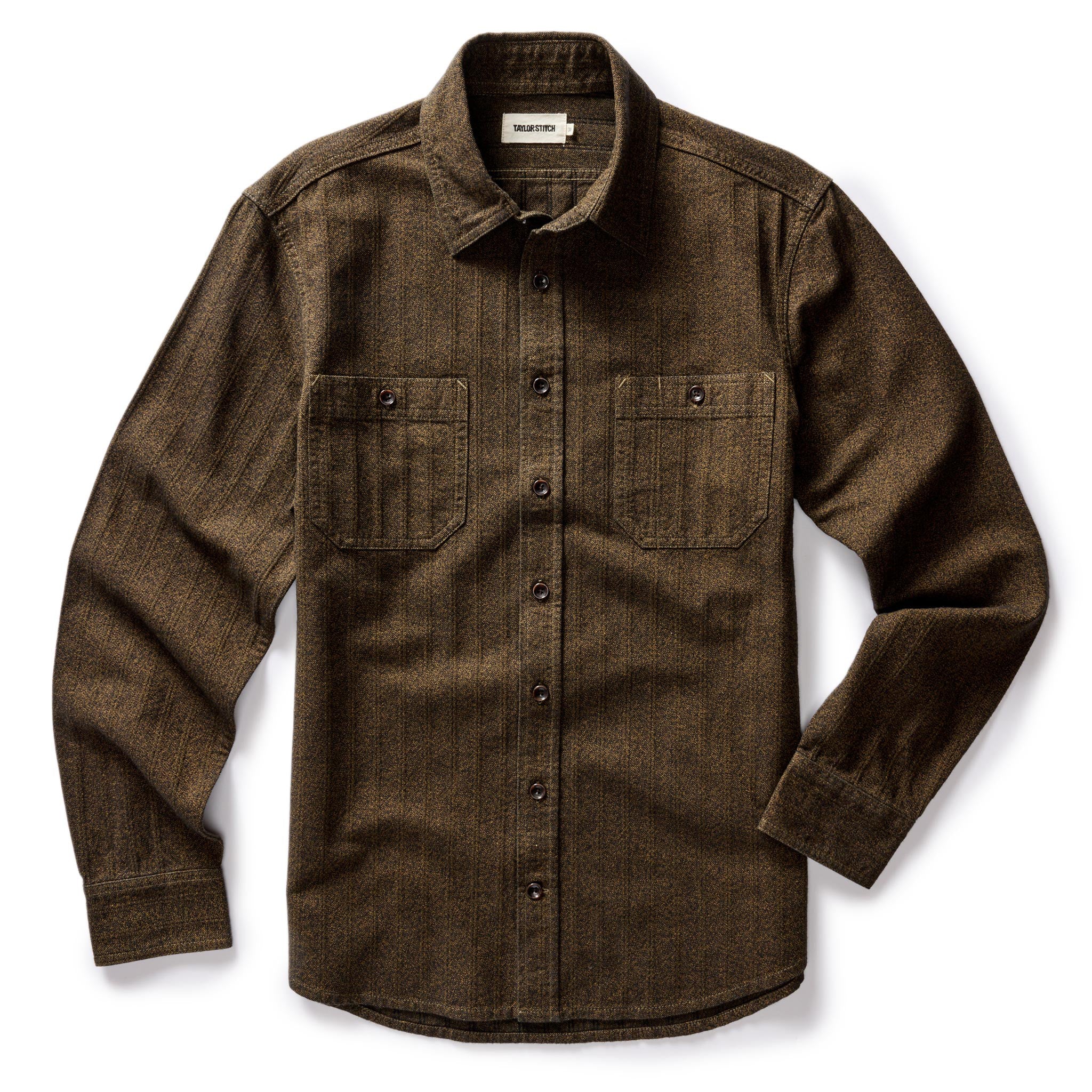 flatlay of The Utility Shirt in Tarnished Brass Herringbone, shown in full, Wovens by Taylor Stitch