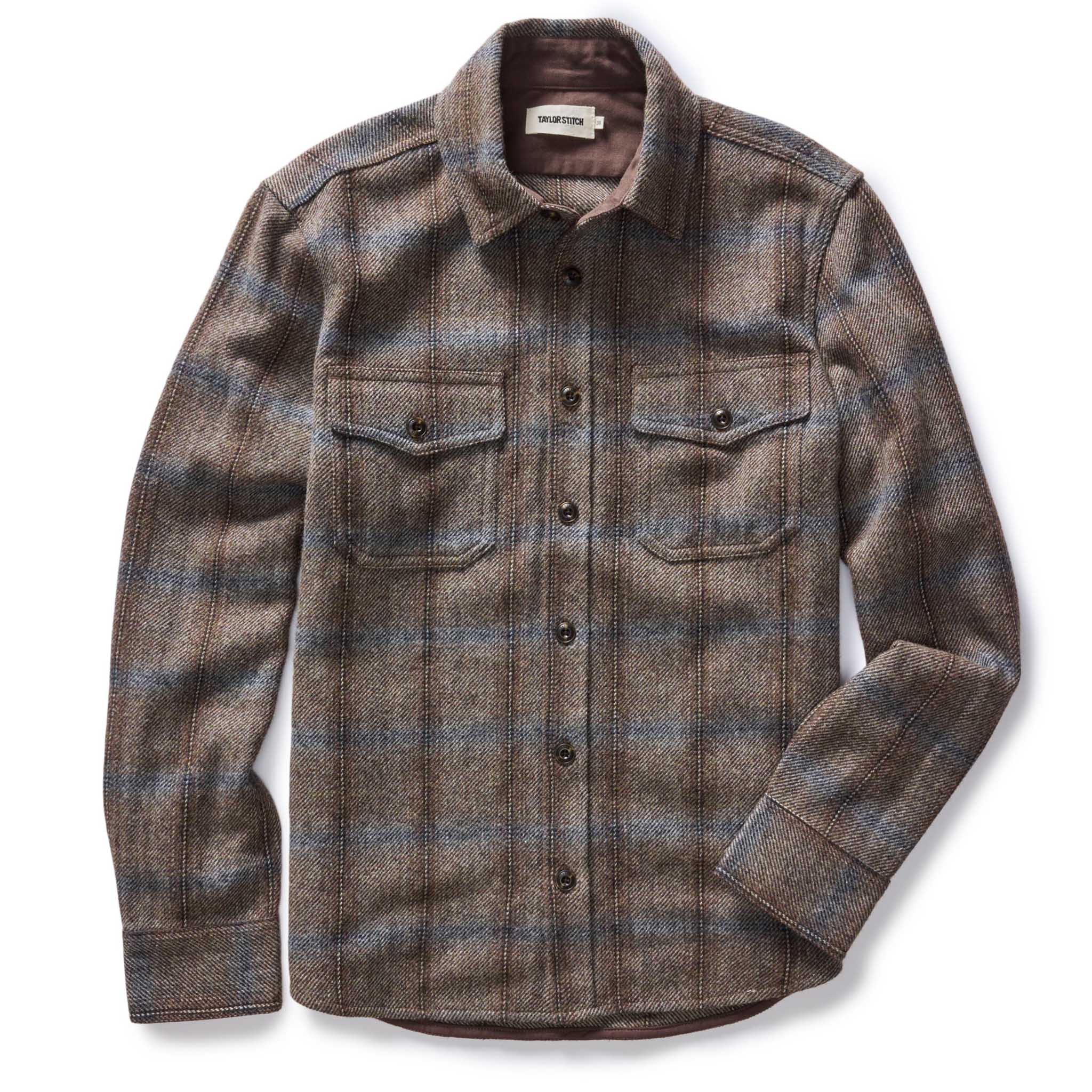flatlay of The CPO Shirt in Dark Brick Plaid Wool, Wovens by Taylor Stitch