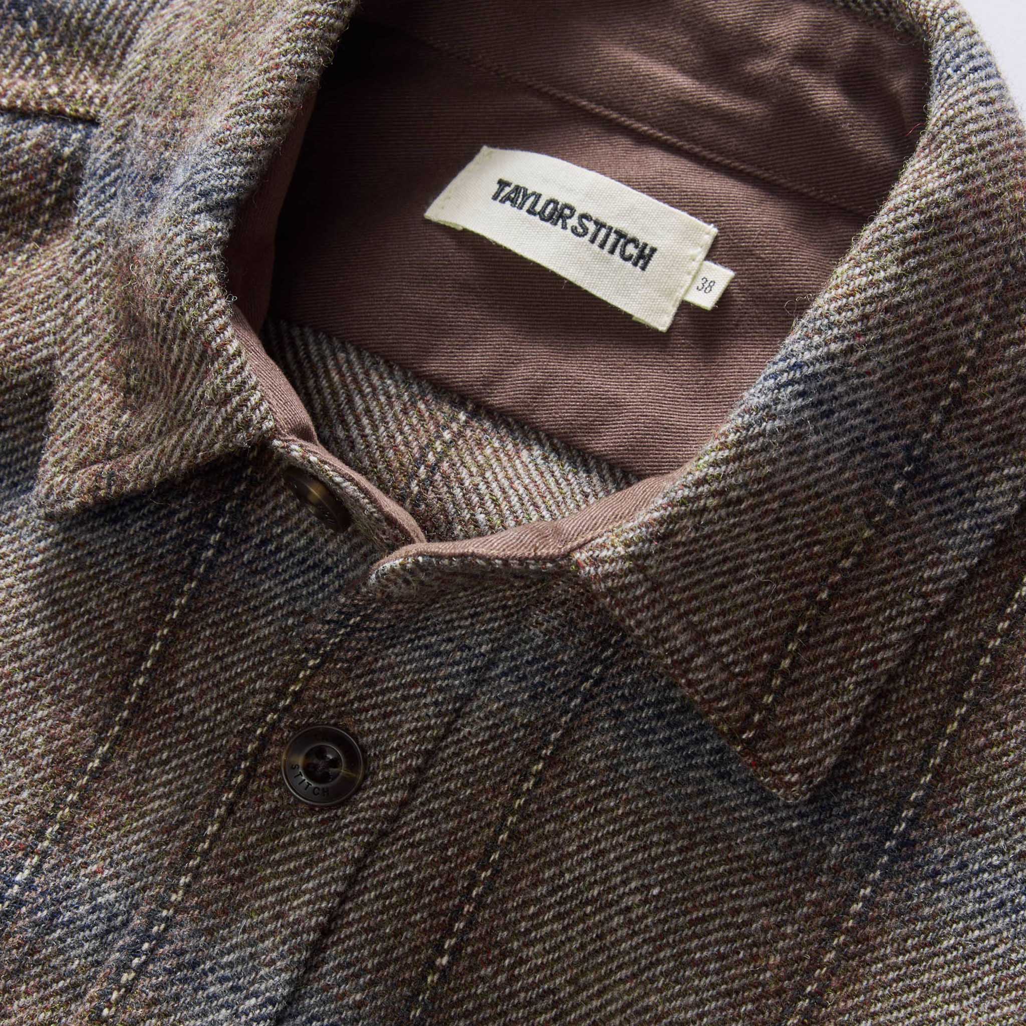 material shot of the collar on The CPO Shirt in Dark Brick Plaid Wool, Wovens by Taylor Stitch