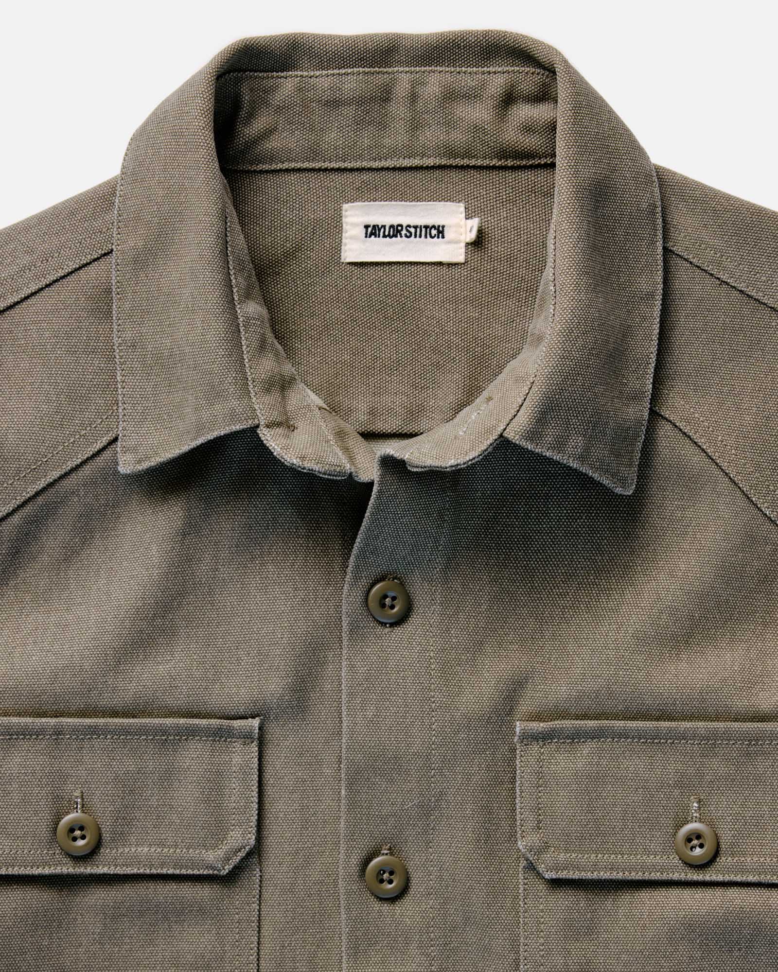 flatlay of the The Shop Shirt in Stone Chipped Canvas open, Wovens by Taylor Stitch