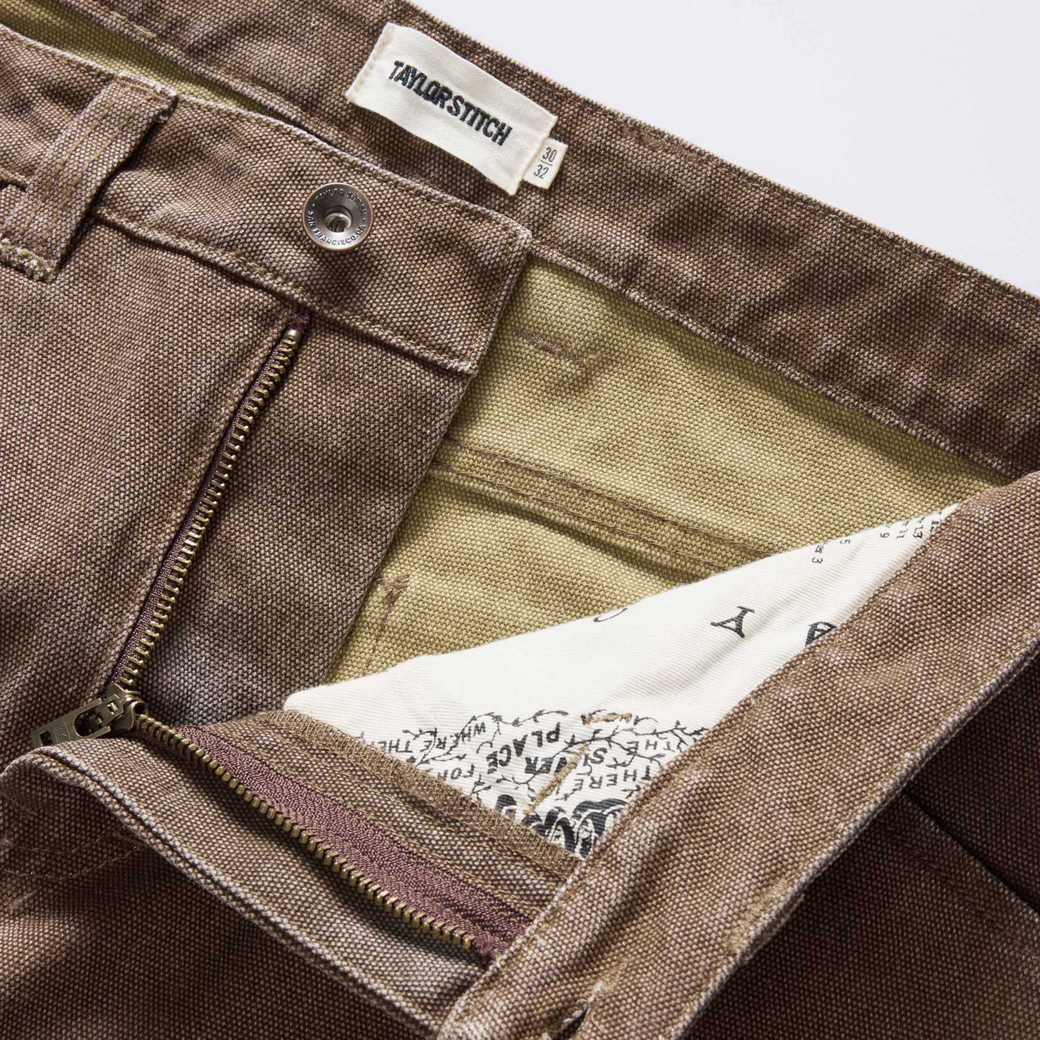 material shot of the zipper on The Workhorse Pant in Aged Penny Chipped Canvas, Bottoms by Taylor Stitch