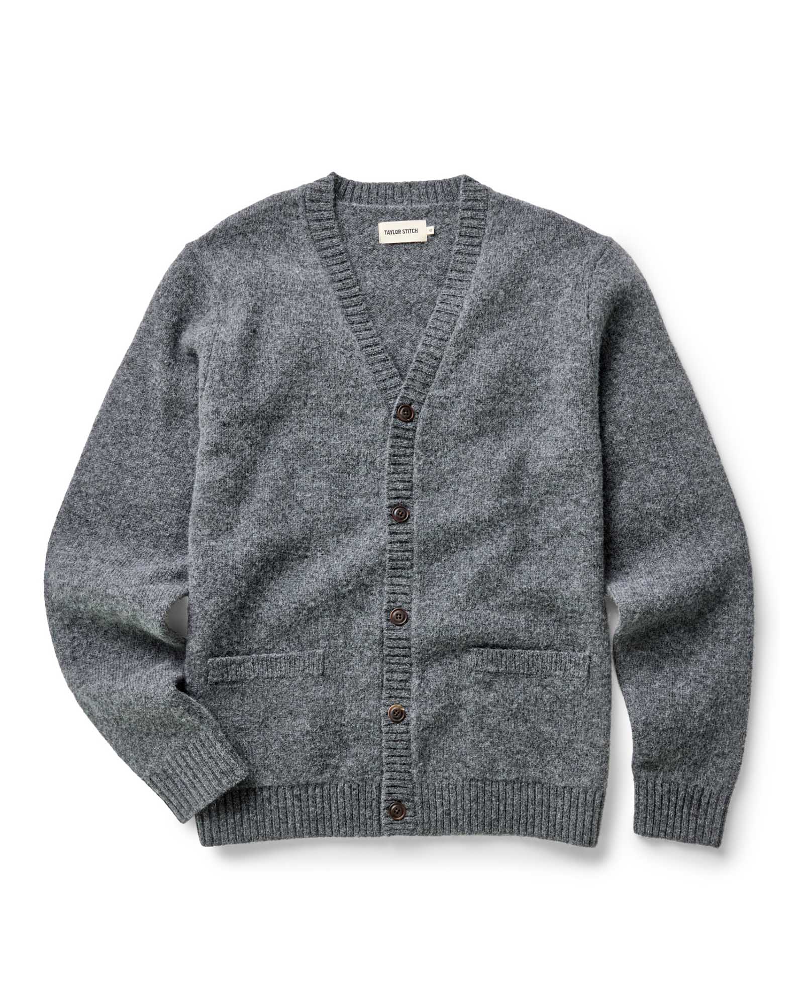 flatlay of The Eastmoor Cardigan in Heather Graphite Wool, Knits by Taylor Stitch