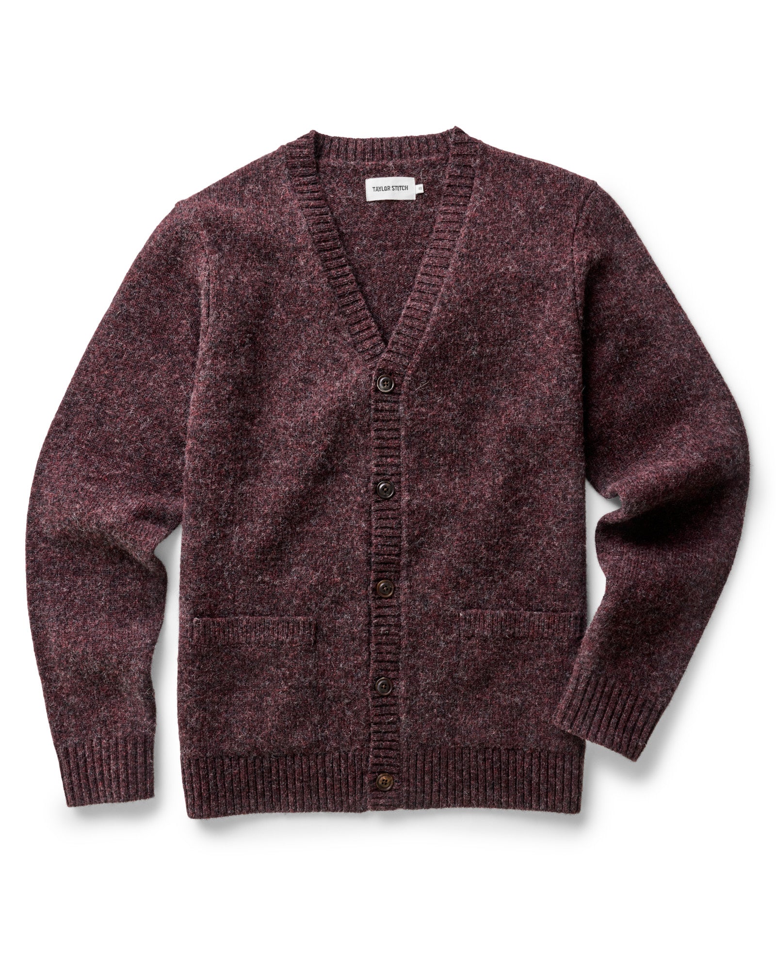 flatlay of The Eastmoor Cardigan in Heather Port Wool, Knits by Taylor Stitch