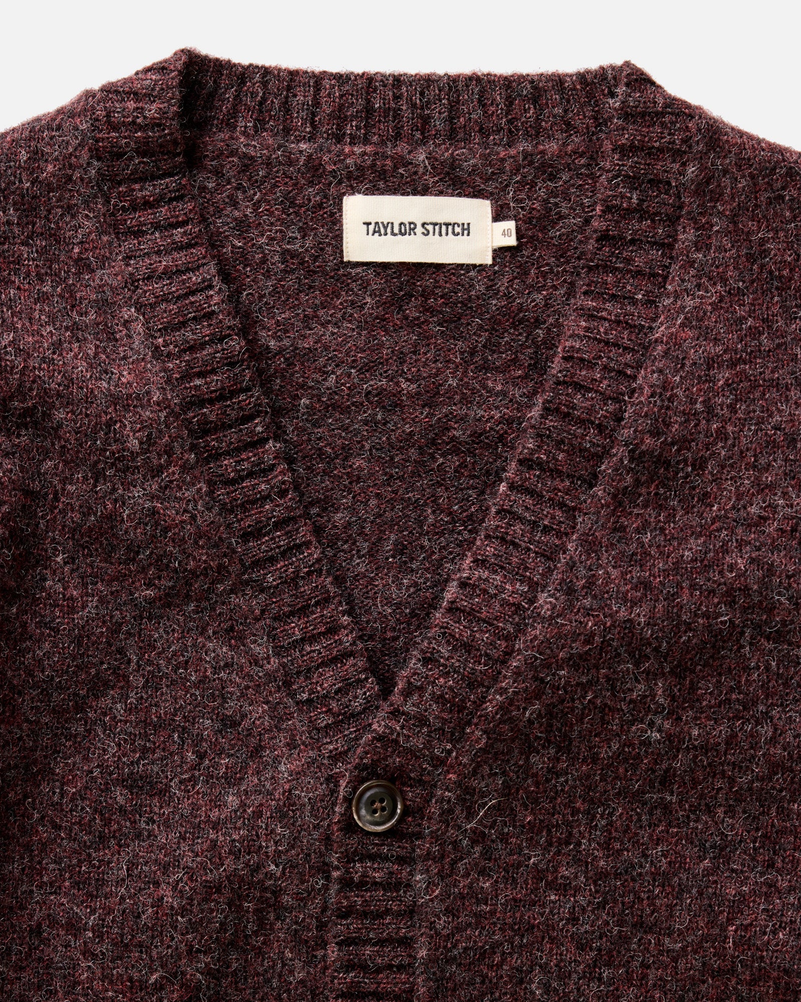 material shot of the collar on The Eastmoor Cardigan in Heather Port Wool, Knits by Taylor Stitch