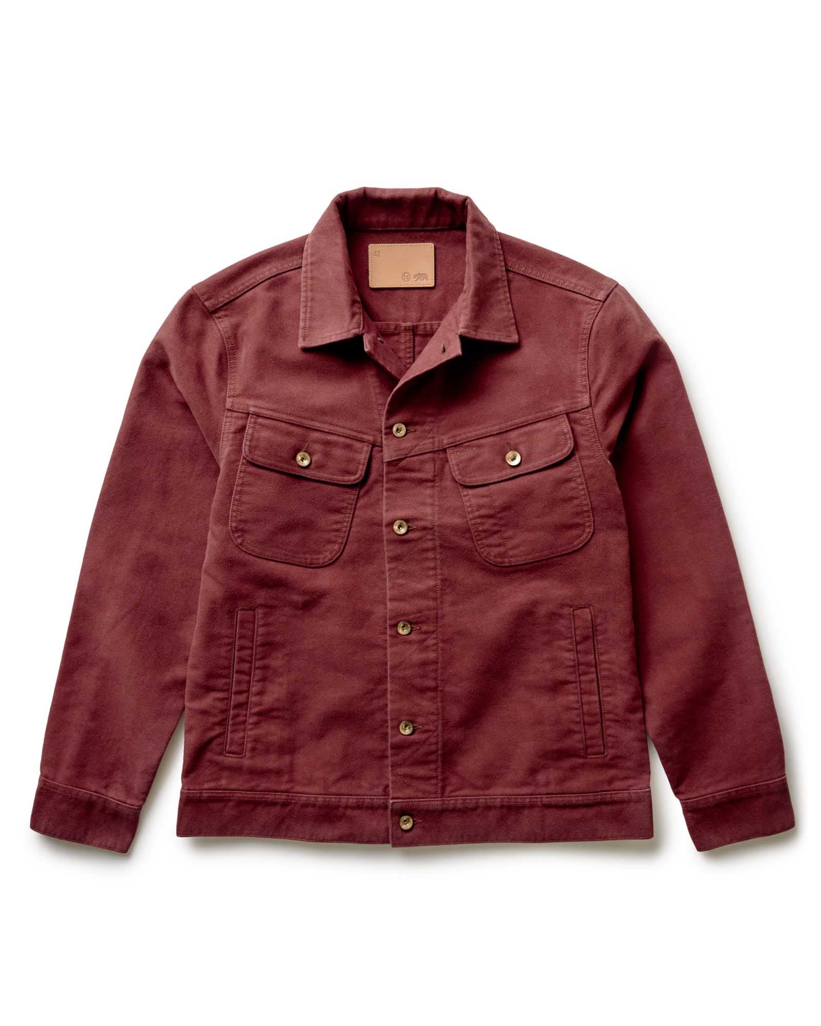 flatlay of The Long Haul Jacket in Dried Cherry Moleskin, Outerwear by Taylor Stitch