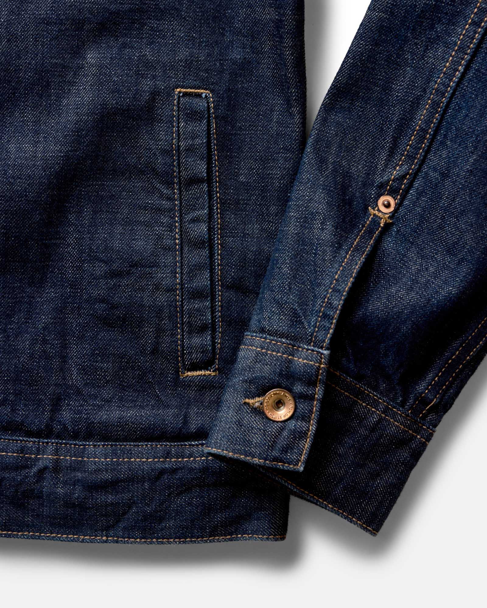 material shot of the collar on The Long Haul Jacket in Rinsed Organic Selvedge, Outerwear by Taylor Stitch