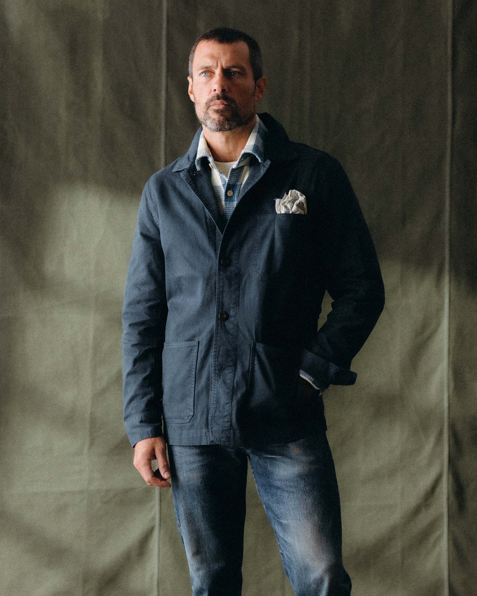fit model in The Ojai Jacket in Organic Navy Foundation Twill, Outerwear by Taylor Stitch