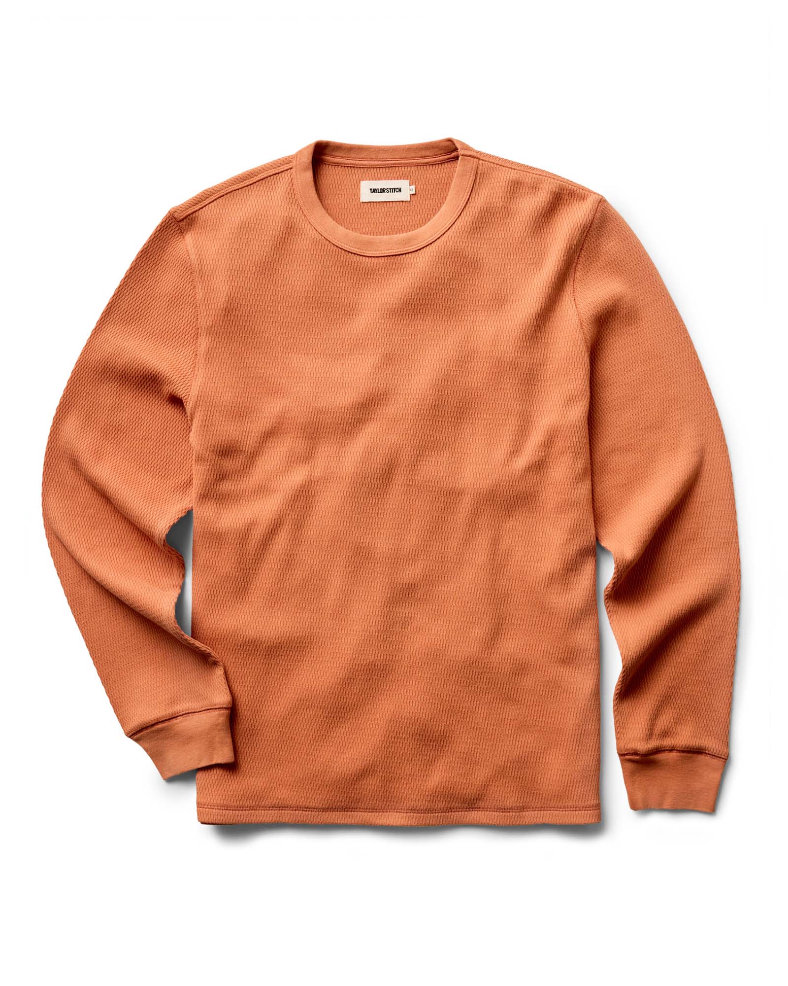 flatlay of The Organic Cotton Crew in Summit Orange Waffle, Knits by Taylor Stitch